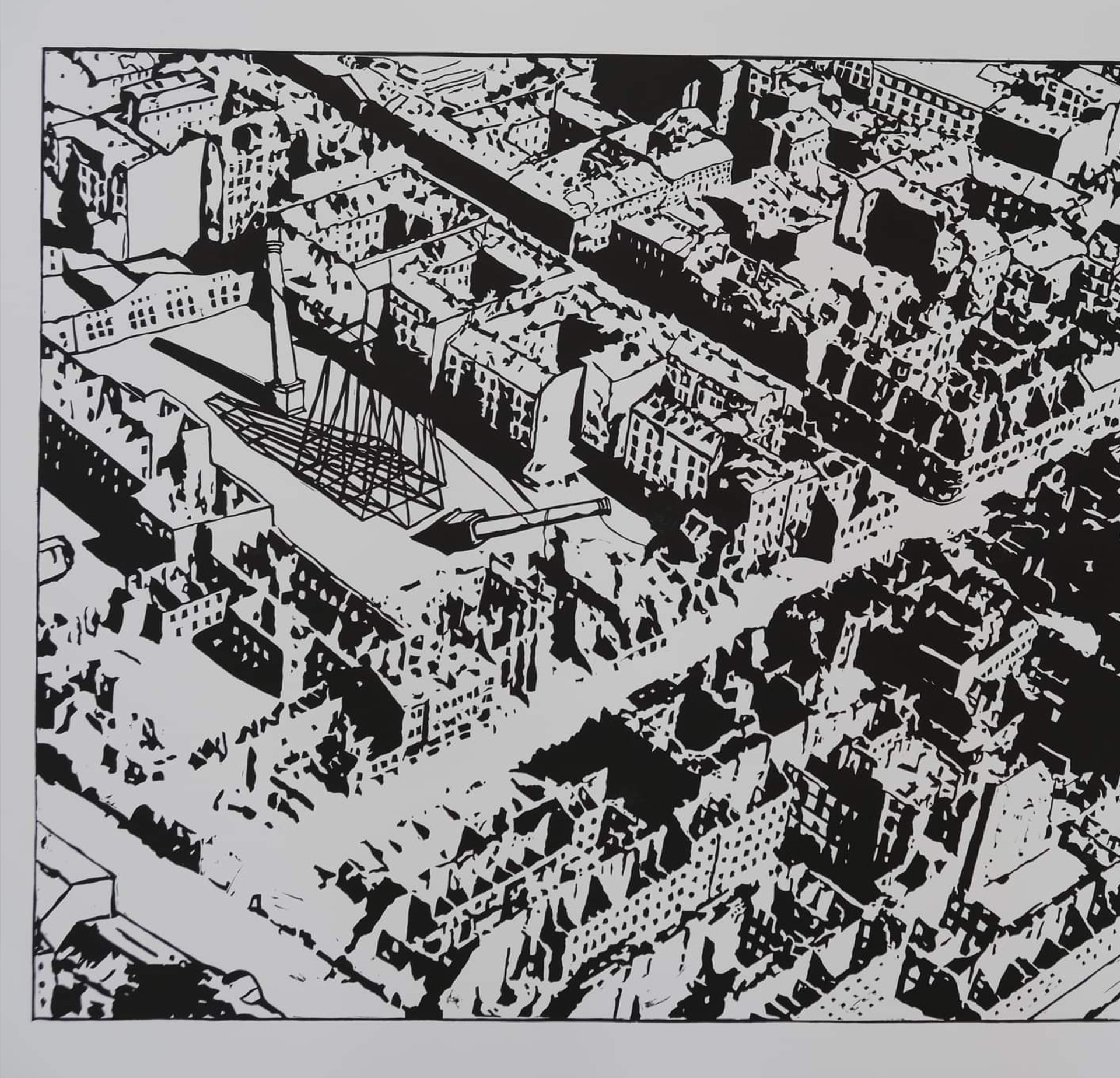 BA Fine Art work by Tymoteusz Suszycki showing a Lino printed black and white cityscape.
