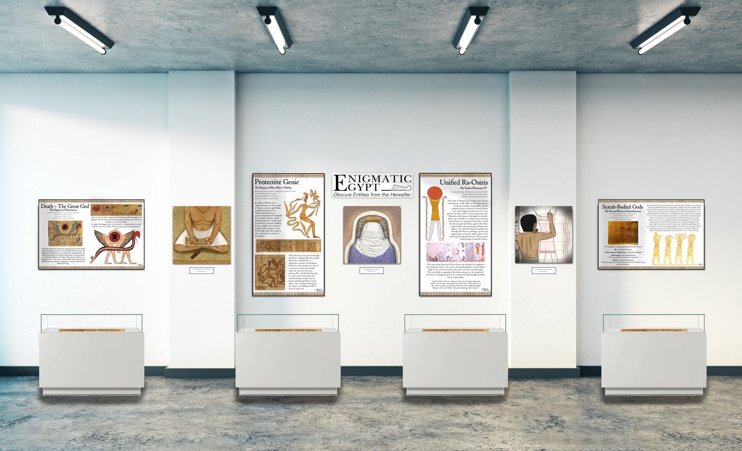 A museum exhibition showcasing Ancient Egyptian papyri accompanied by informational graphics and illustrations of the objects in their original context.