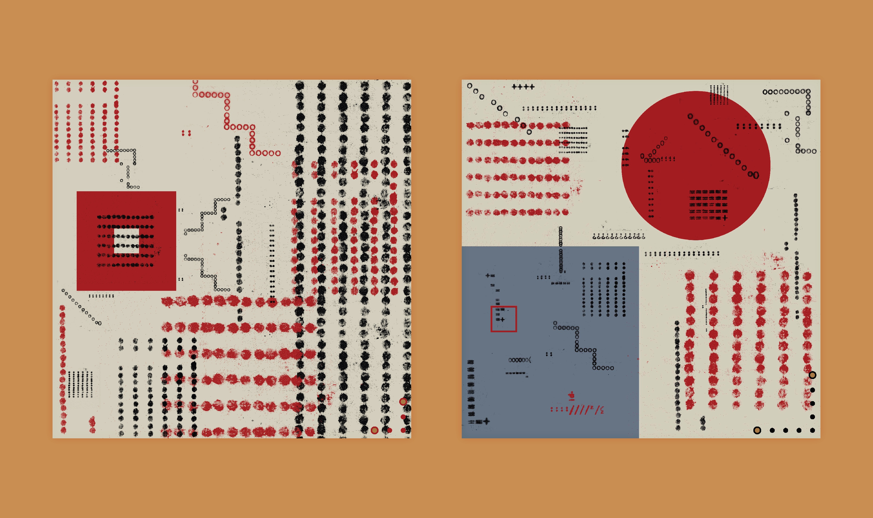 BA Design for Publishing work by Rebecca Hills, showing formulaic pattern designs using punctuation markings and the muted pigments of a typewriter.