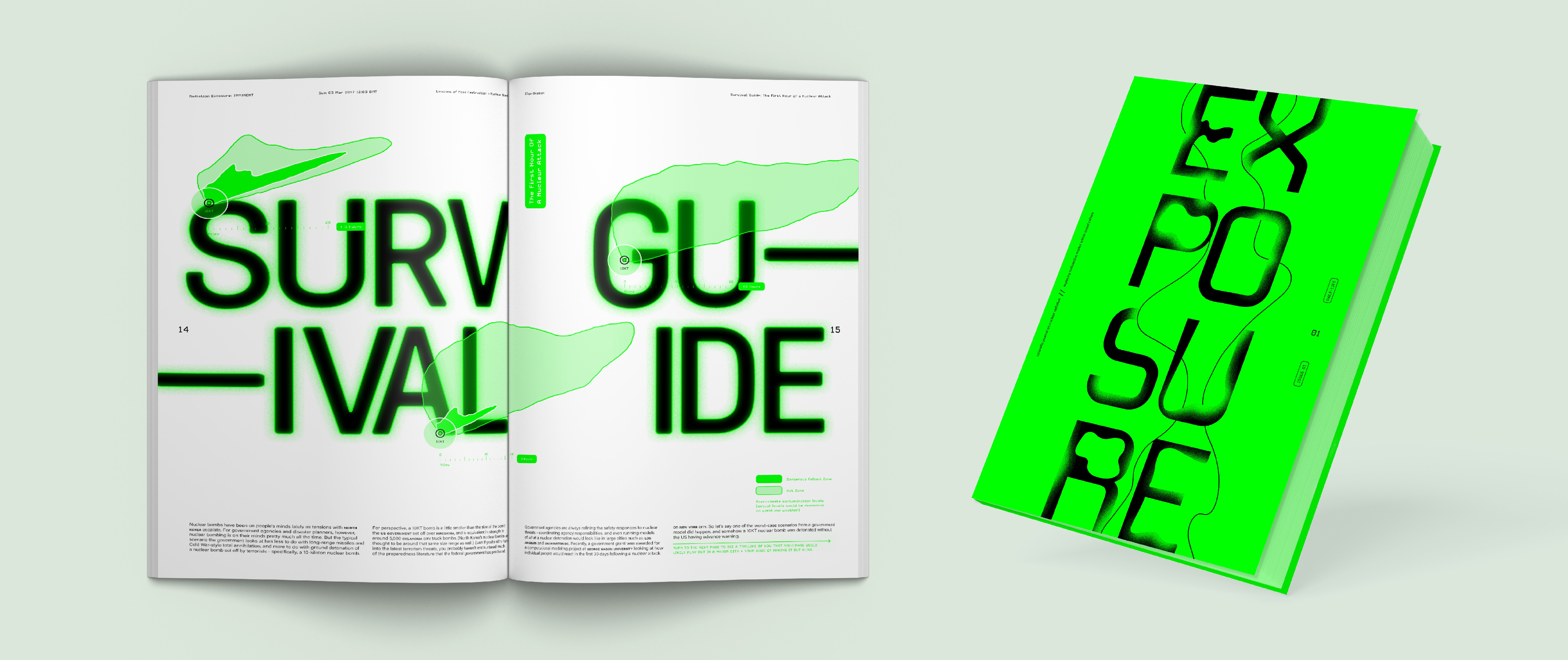 BA Design for Publishing work by Rebecca Hills, showing the magazine cover design and editorial page spread using a striking combination of neon green and black inks.