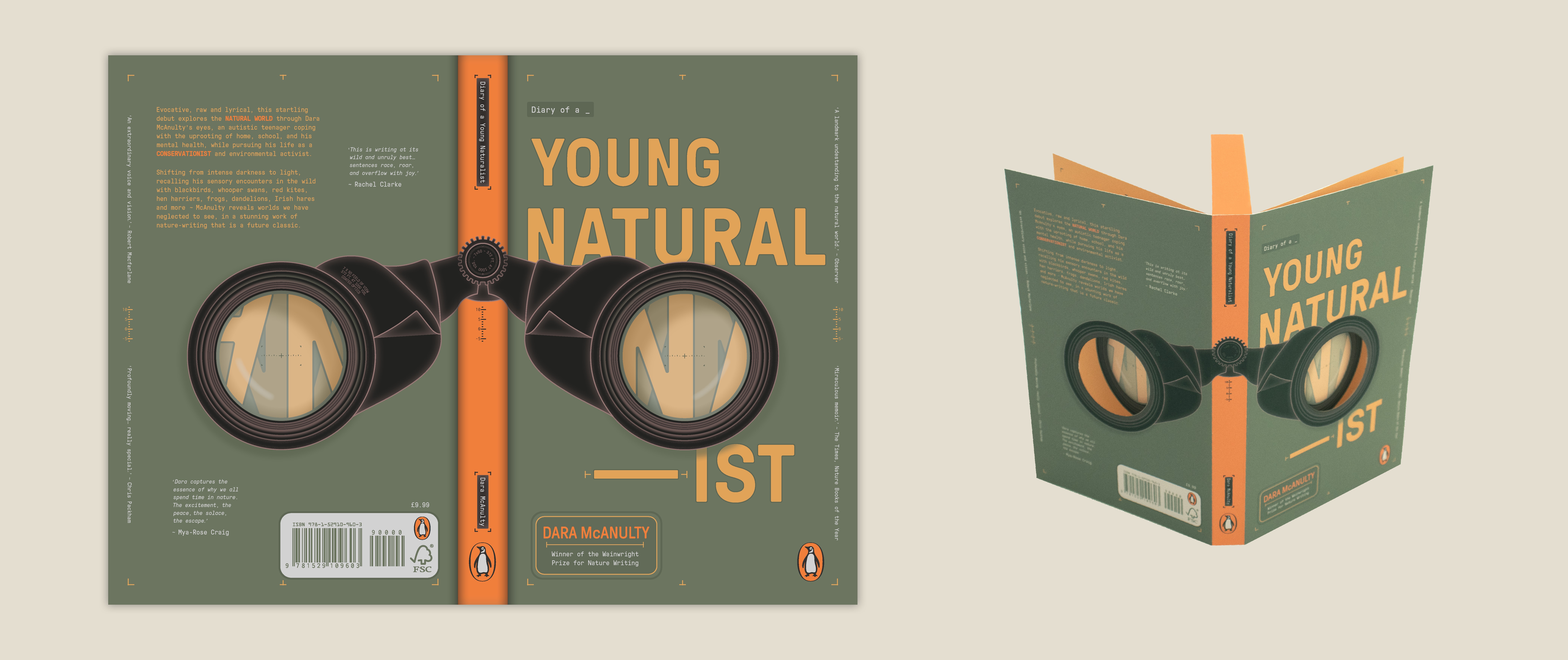 BA Design for Publishing work by Rebecca Hills shows the book concept's front, back, and spine featuring bold type and layered binocular drawings.