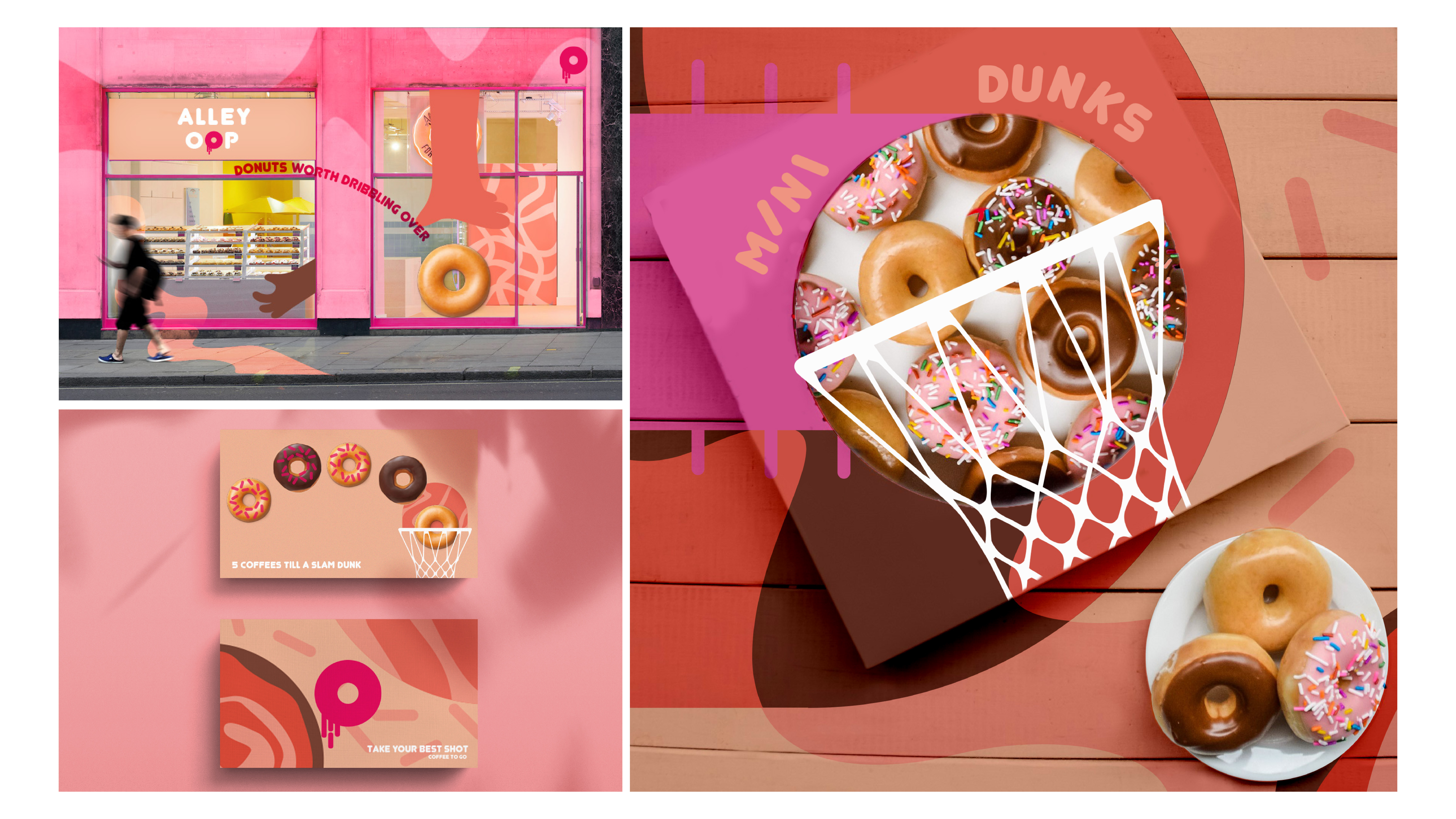 BA Graphic design work by Aemelia Rose Turton showing donut shop packaging and brand extensions