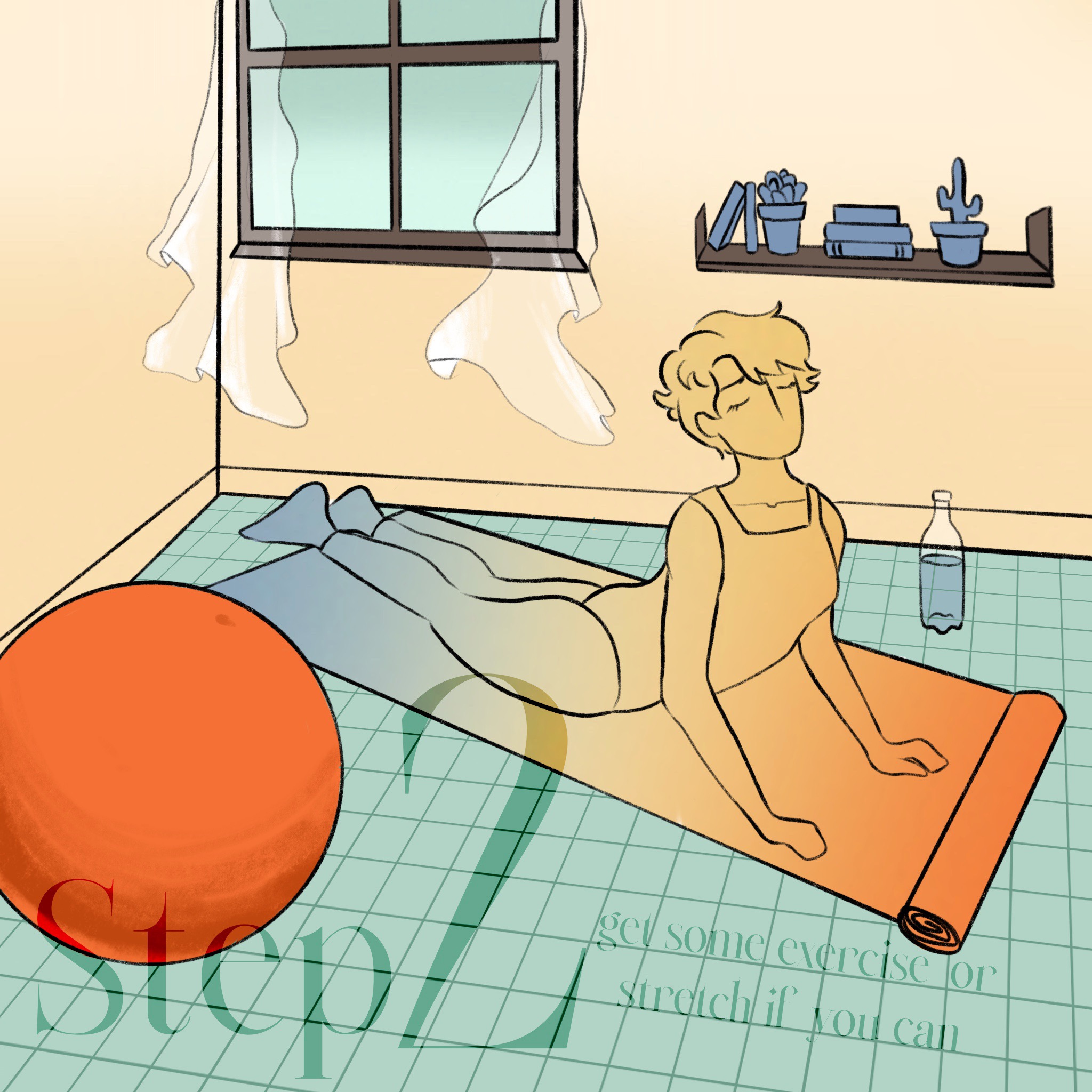 BA Illustration work by Abbie Barker showing a figure doing yoga on a mat with a sunrise colour scheme.