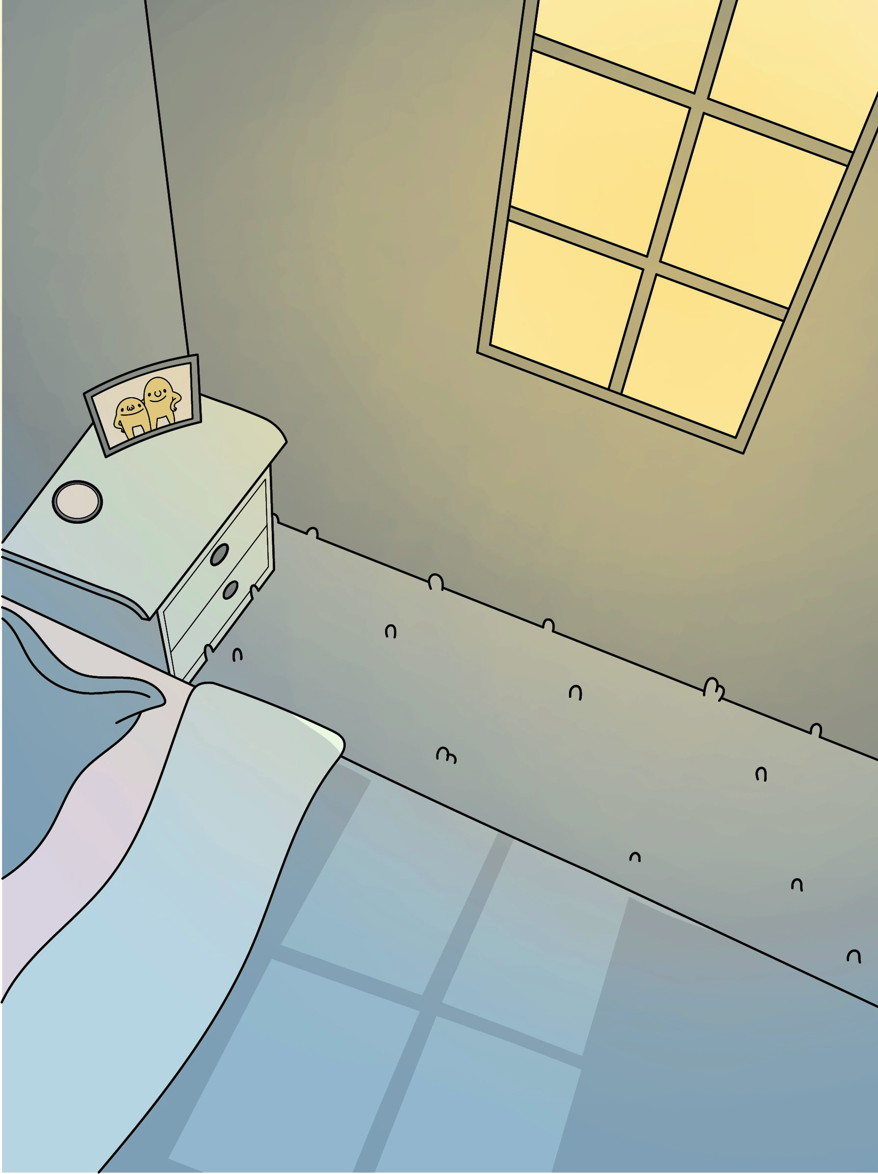 BA Illustration work by Abigail Pearce showing an empty room with the bed made.