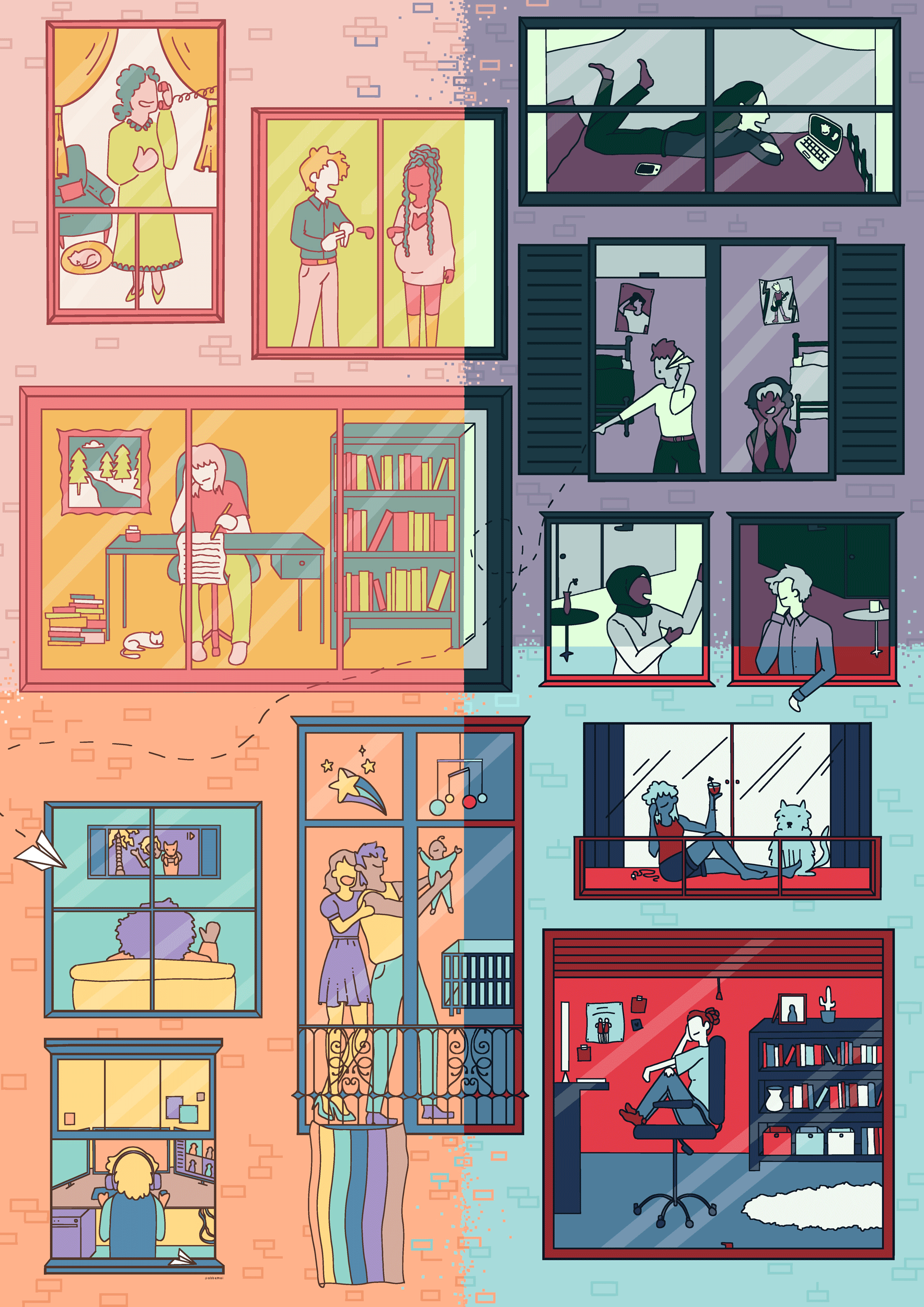 BA Illustration work by Abbie Barker showing into multiple windows in an apartment, showing different characters and different rooms, with a bright bold colour scheme.