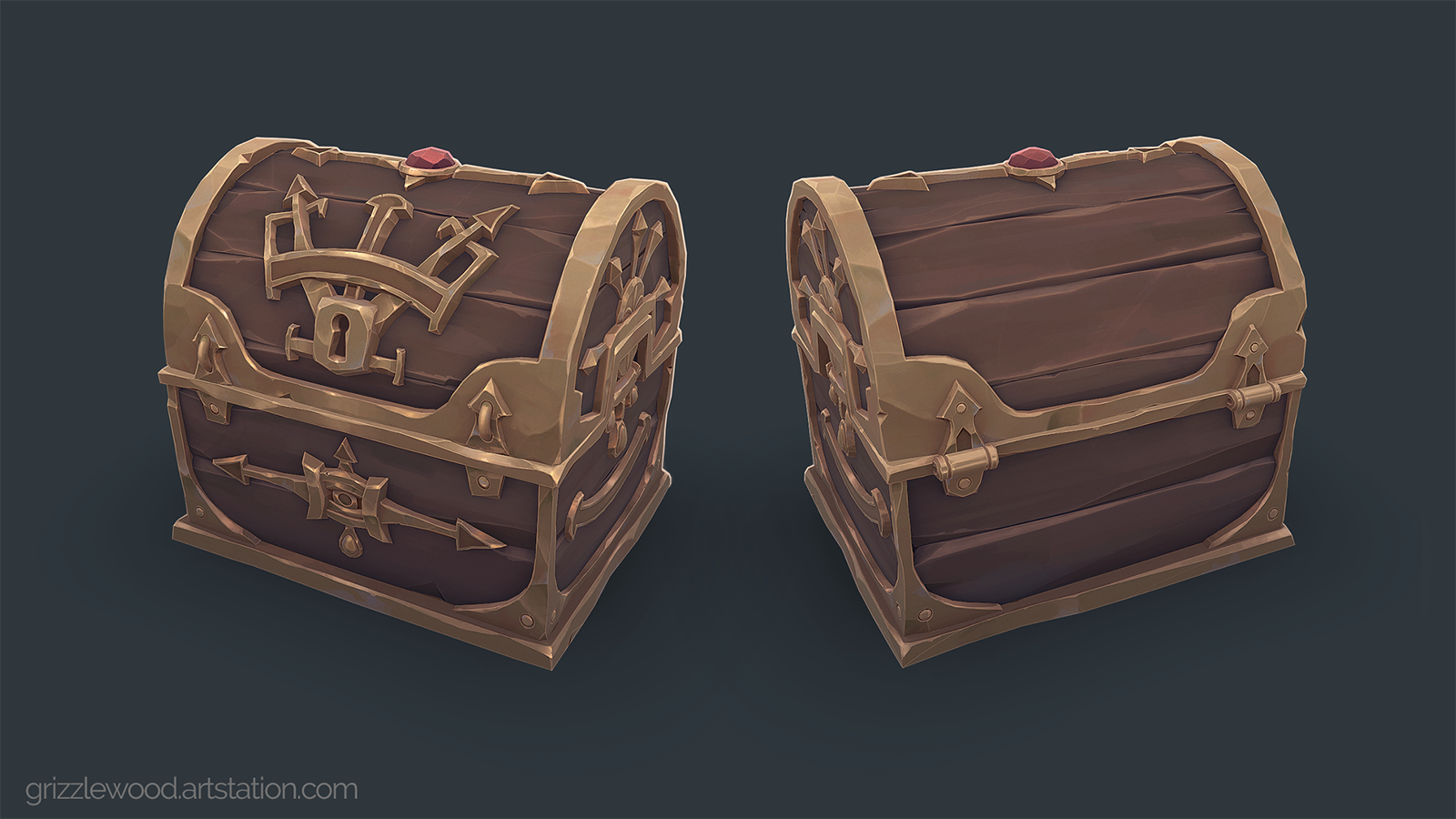 A stylised, hand-painted treasure chest based on the chest from Final Fantasy 9 by BA Games Art and Design student Adam Wood.