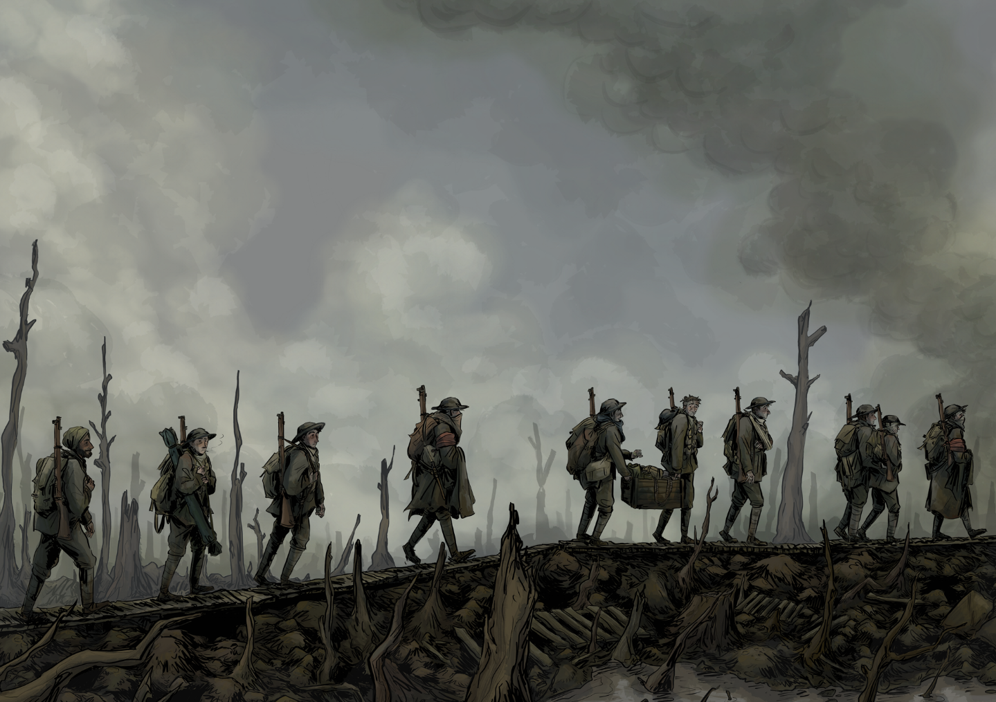 A digital art piece showing a small group of walking wounded, british soldiers walking along duckboard through No Man's Land