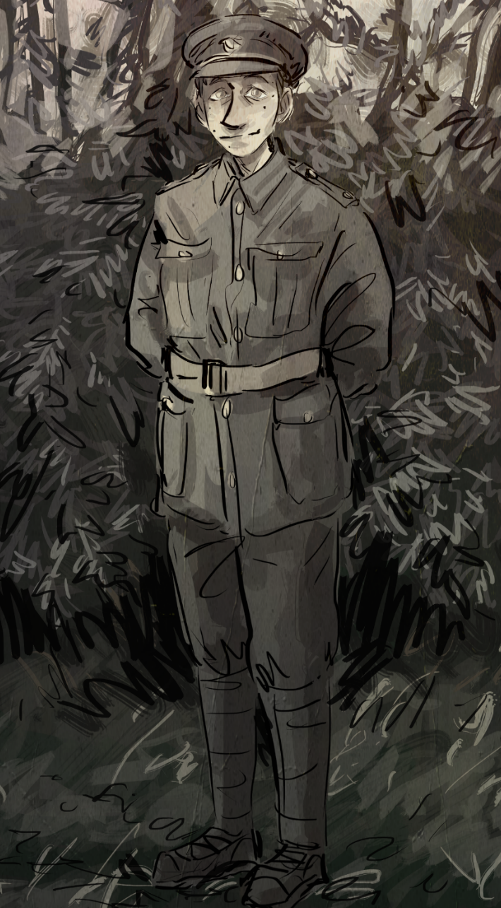 A digital art piece styled as an old photo. It shows a young man in British military uniform, posing in the family garden.