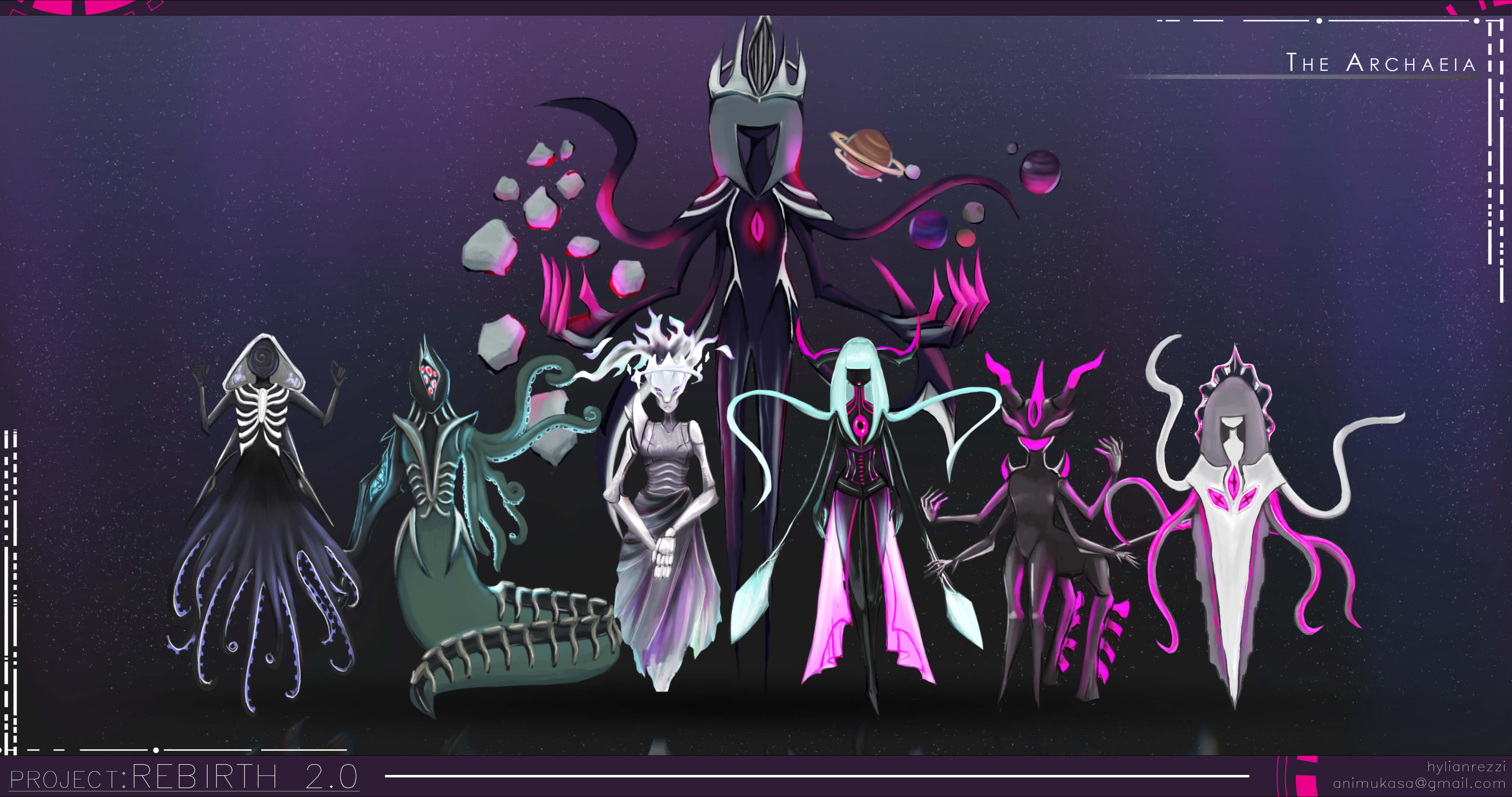 Digital painting displaying 7 creatures in an overall dark but cosmic setting with highlights of neon colours.