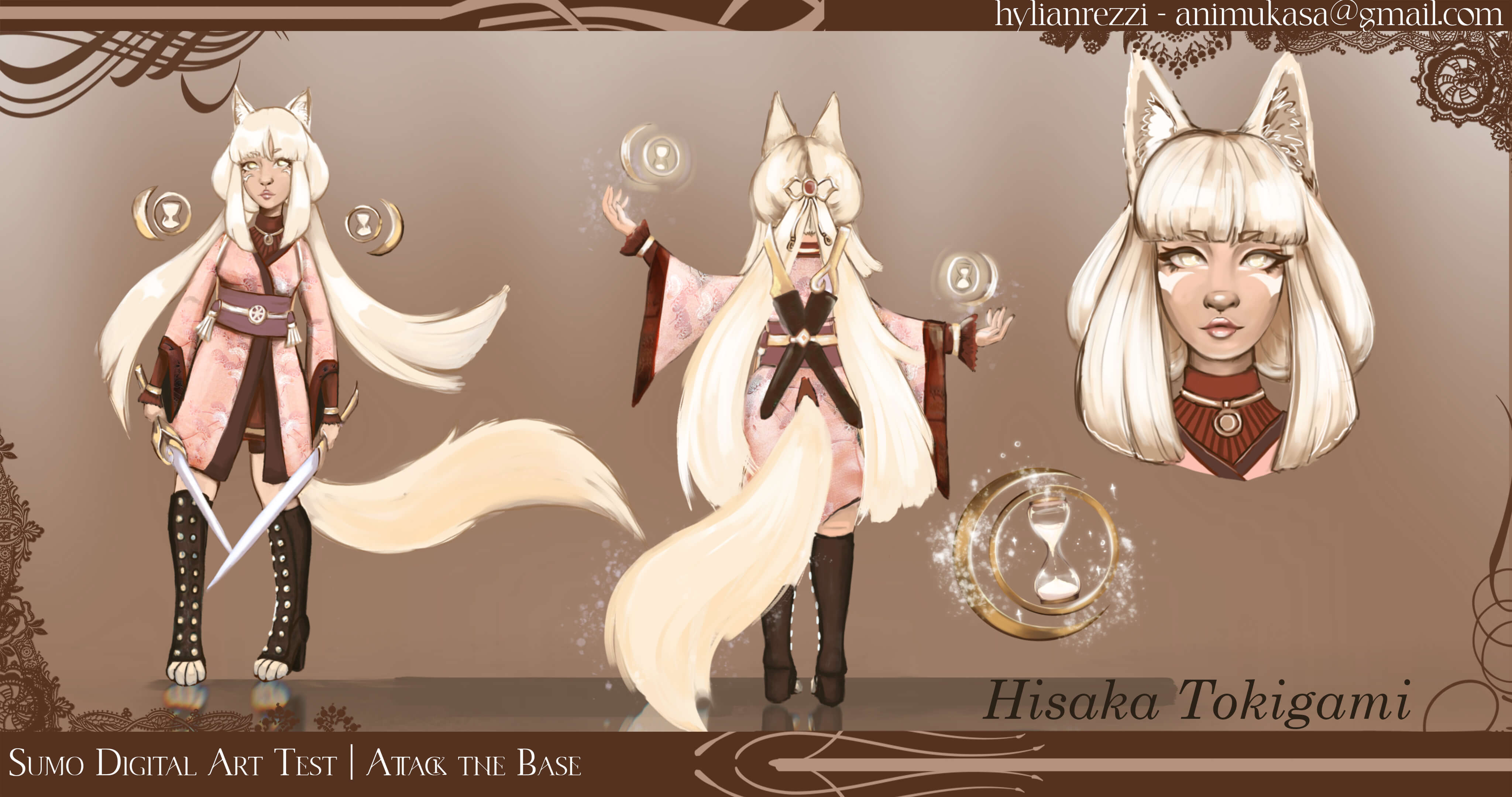 A character design sheet displaying a front and back view of a humanoid girl with wolf ears and tail in a short kimono-like outfit.