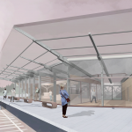 BA Architecture work by Alexander Dersiley showing a platform side visualisation of the Wymondham Abbey Station proposal.