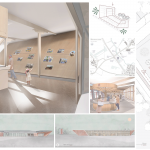 BA Architecture work by Alexander Dersiley showing interior visualisations and a floor plan of the Wymondham Abbey Station proposal.