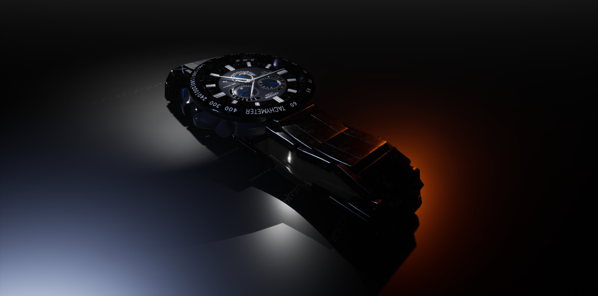 BA Games Art scene by Alexander Norman showing a black metallic watch in orange and blue lighting.