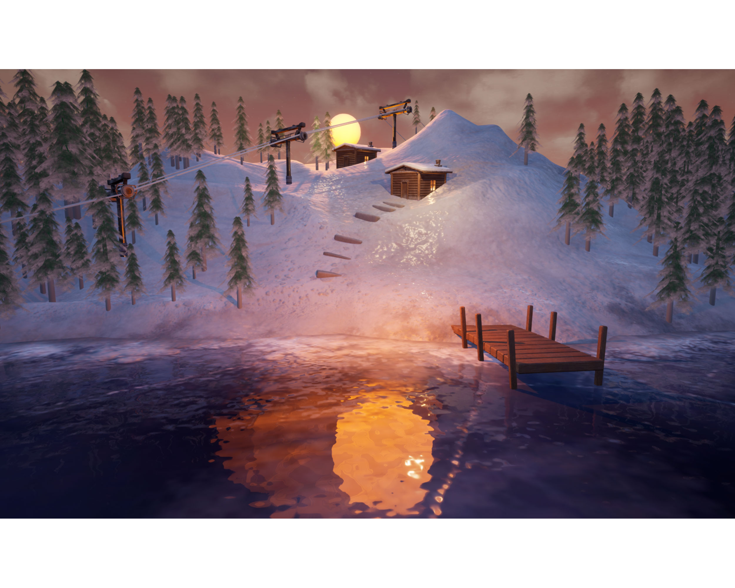 BA Games Art scene by Alexander Norman displaying a sunset over alpine, snowy mountains with log cabins tucked into the landscape.