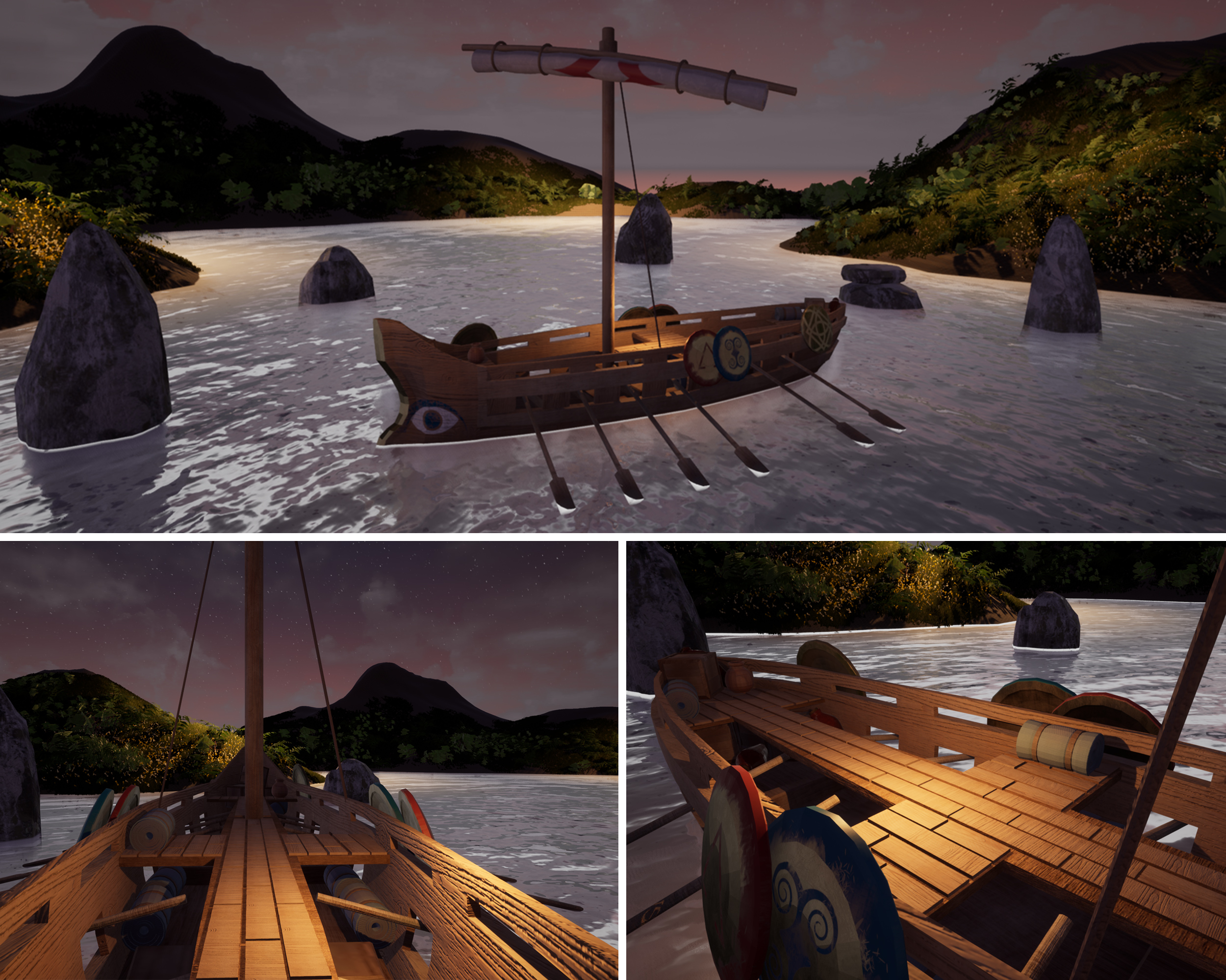 BA Games Art setting by Alexander Norman portraying an ancient Greek galley floating in shallow waters amongst rocks against a sunset landscape.