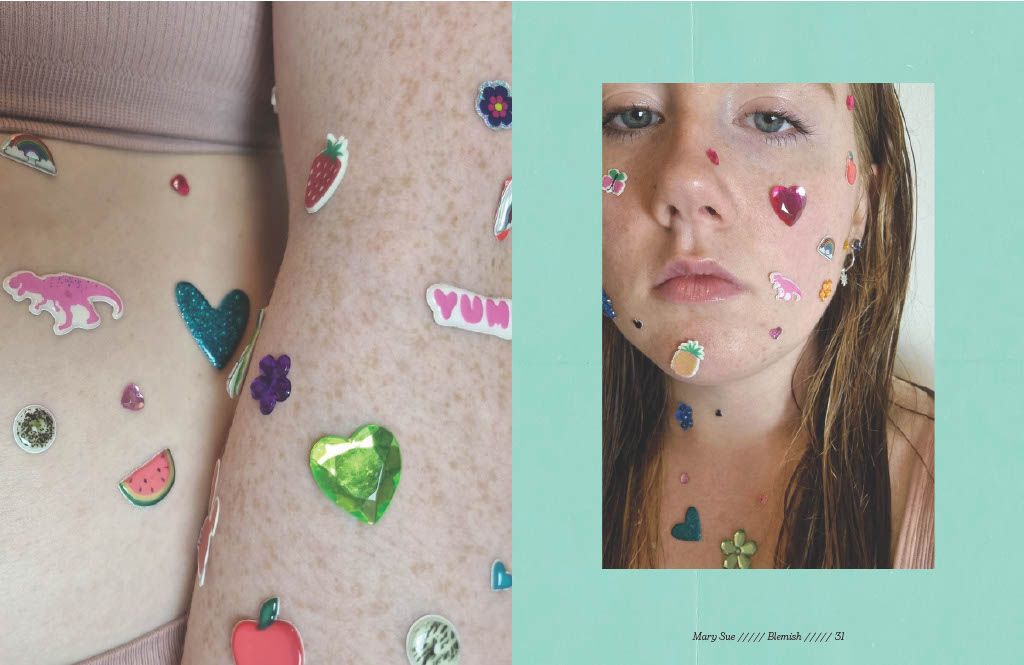 Magazine spread showing skin covered in stickers