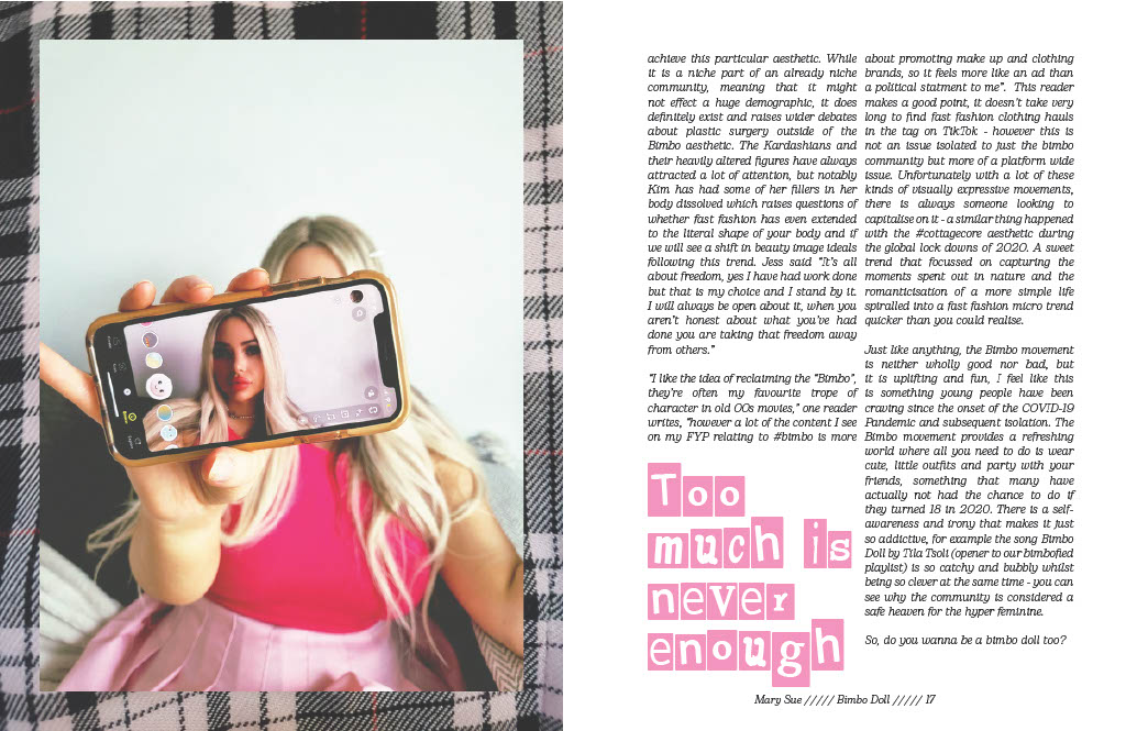 Magazine spread with article and photo covering the topic of Bimbo