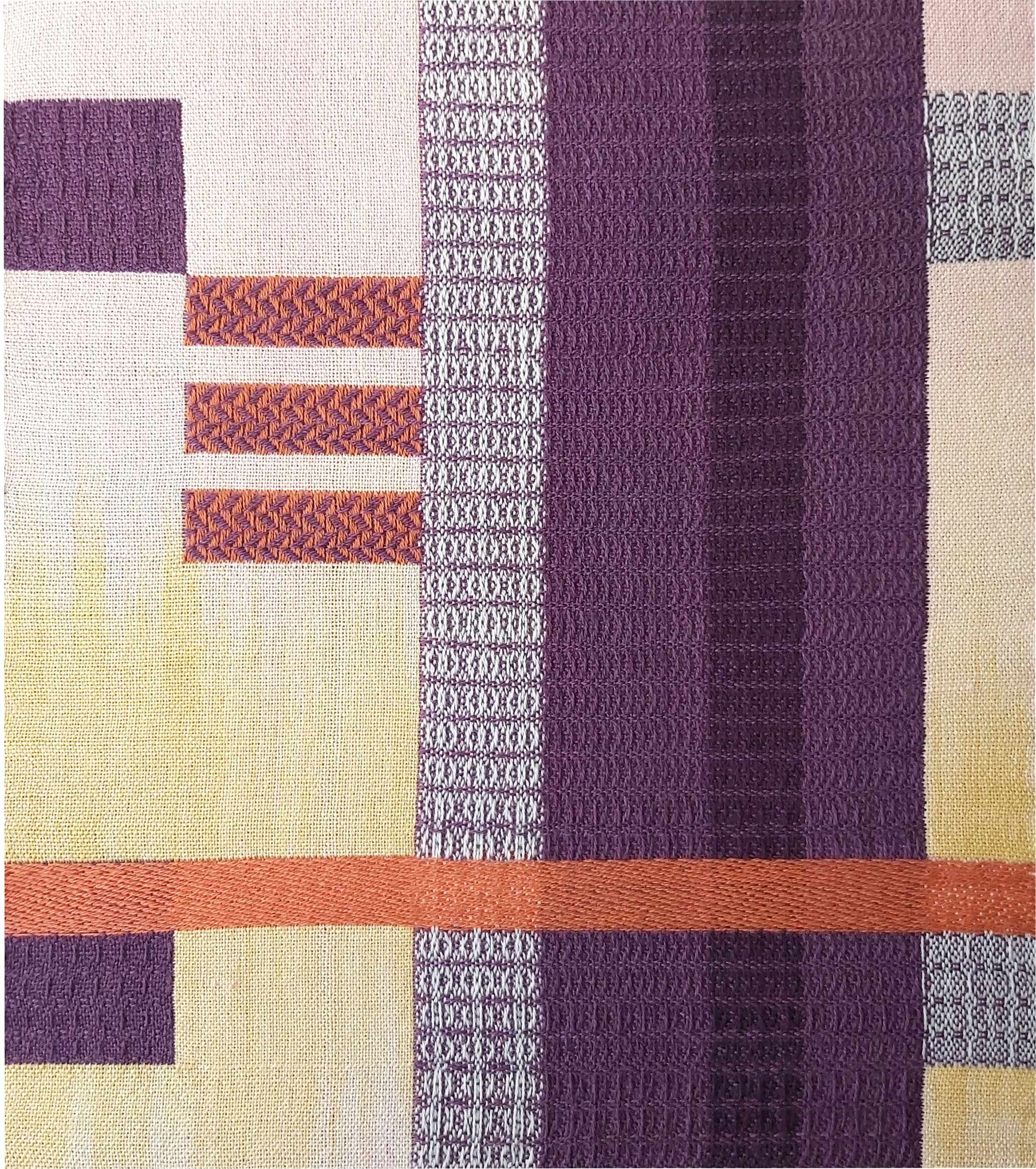 Woven panel in yellow, purple, and orange, inspired by the structure and form of buildings. Featuring soft colour change gradient.