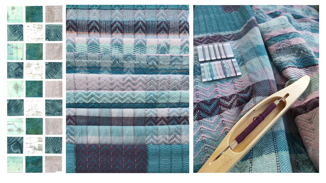 Woven samples in turquoise, plum and lavender. Shown folded and draped, alongside a collage created in response to personal photography of modern buildings.