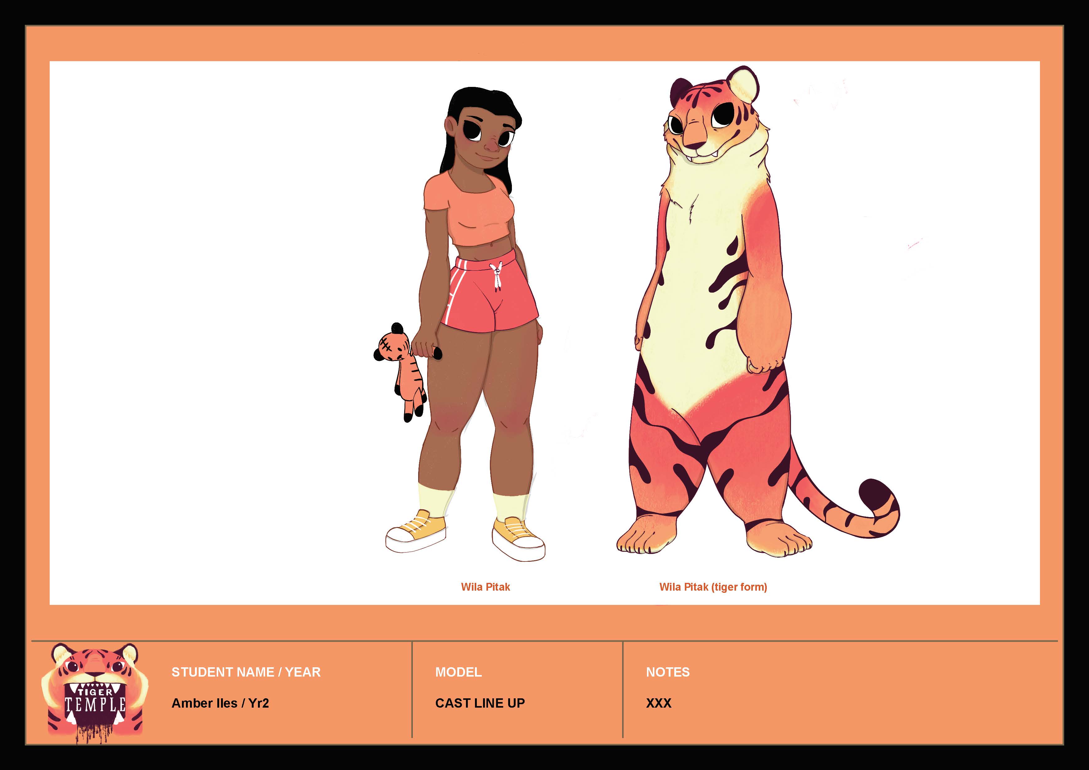 BA Animation work showing a cast of two characters, a girl and a tiger.