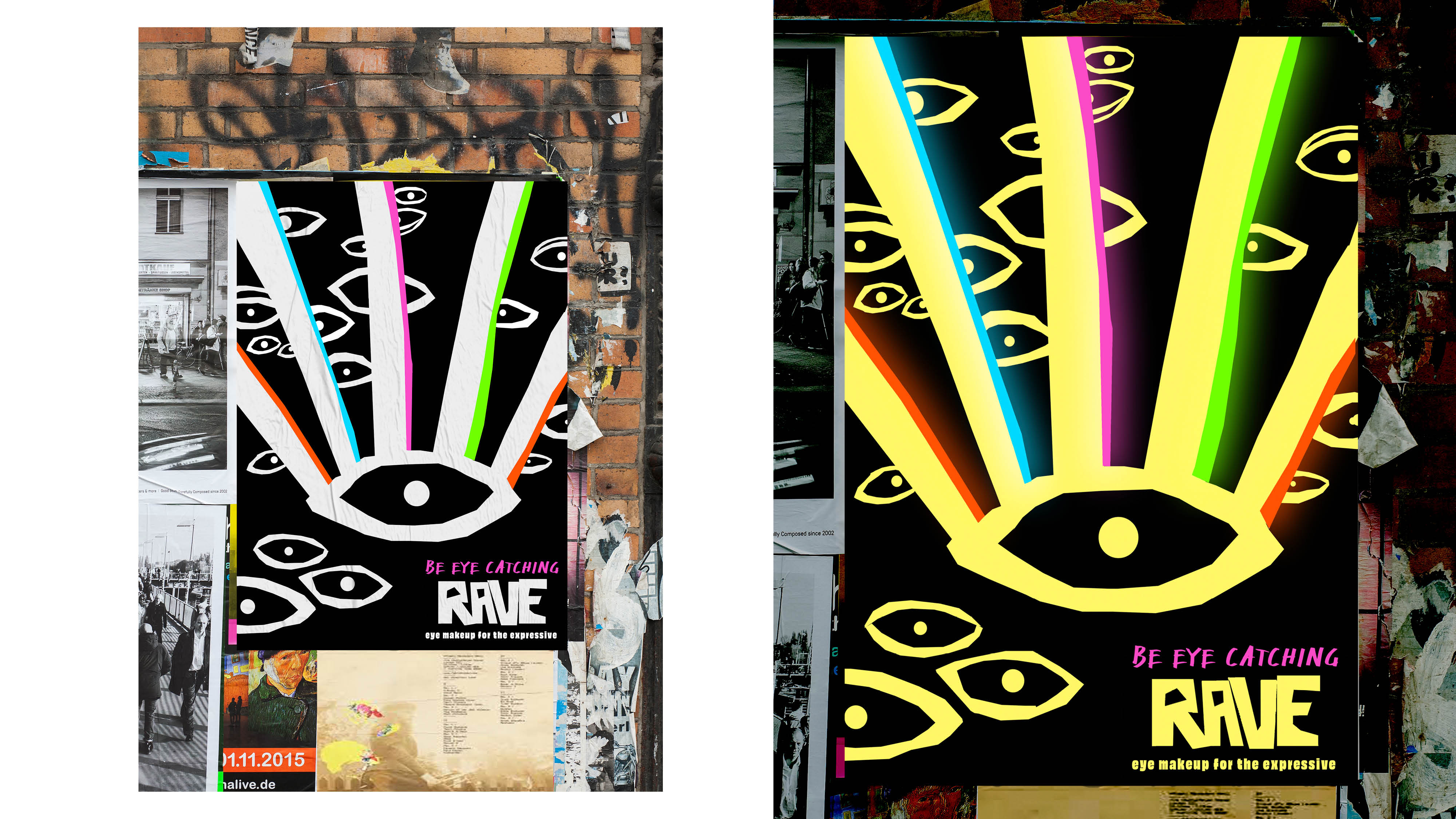 BA Graphic Designers work by Amber Mills-Rist showing RAVE brand posters highlighting Makeup for the expressive in acid house events.