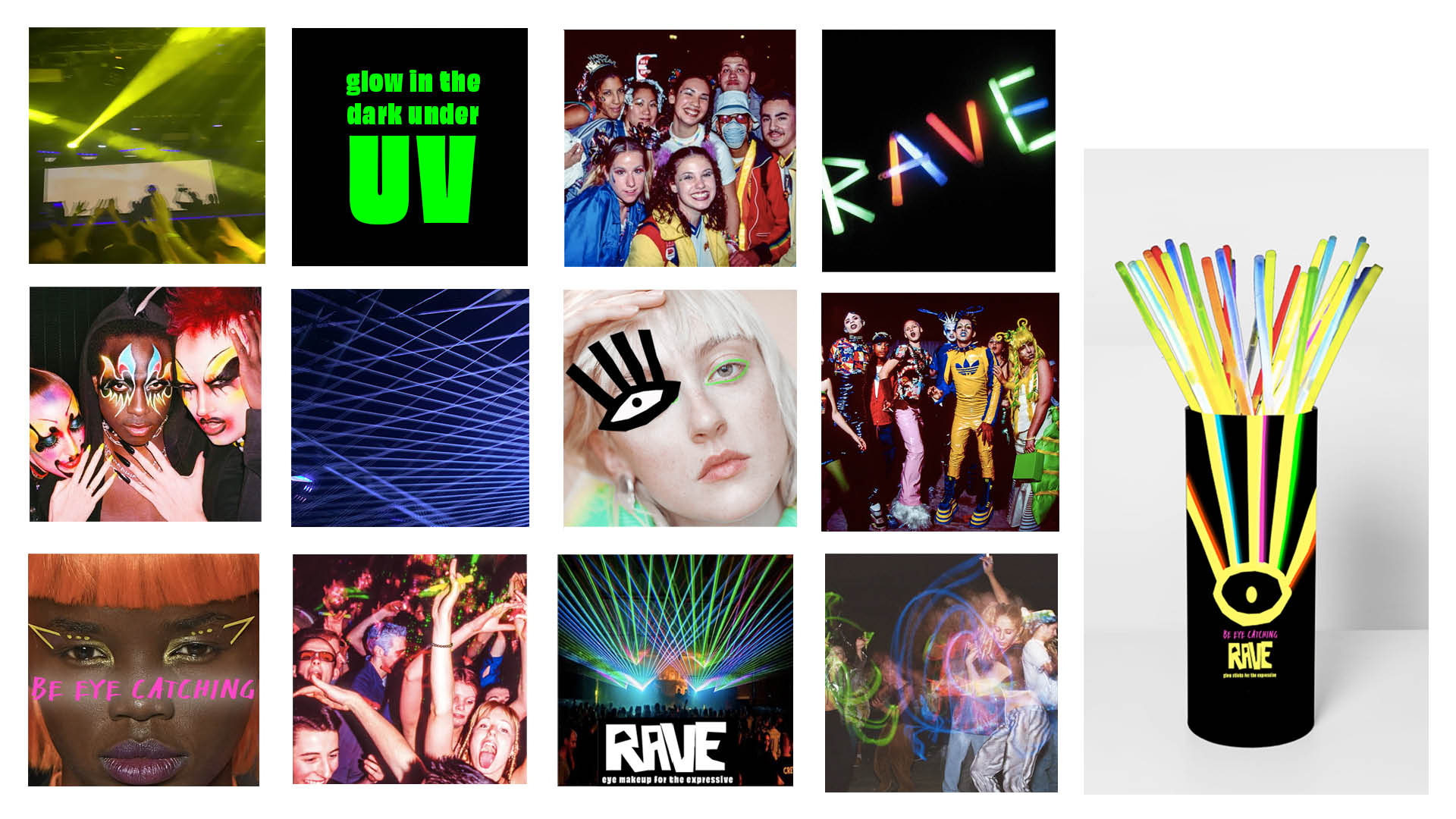 BA Graphic Designers work by Amber Mills-Rist showing RAVE visual identity and the expressive culture