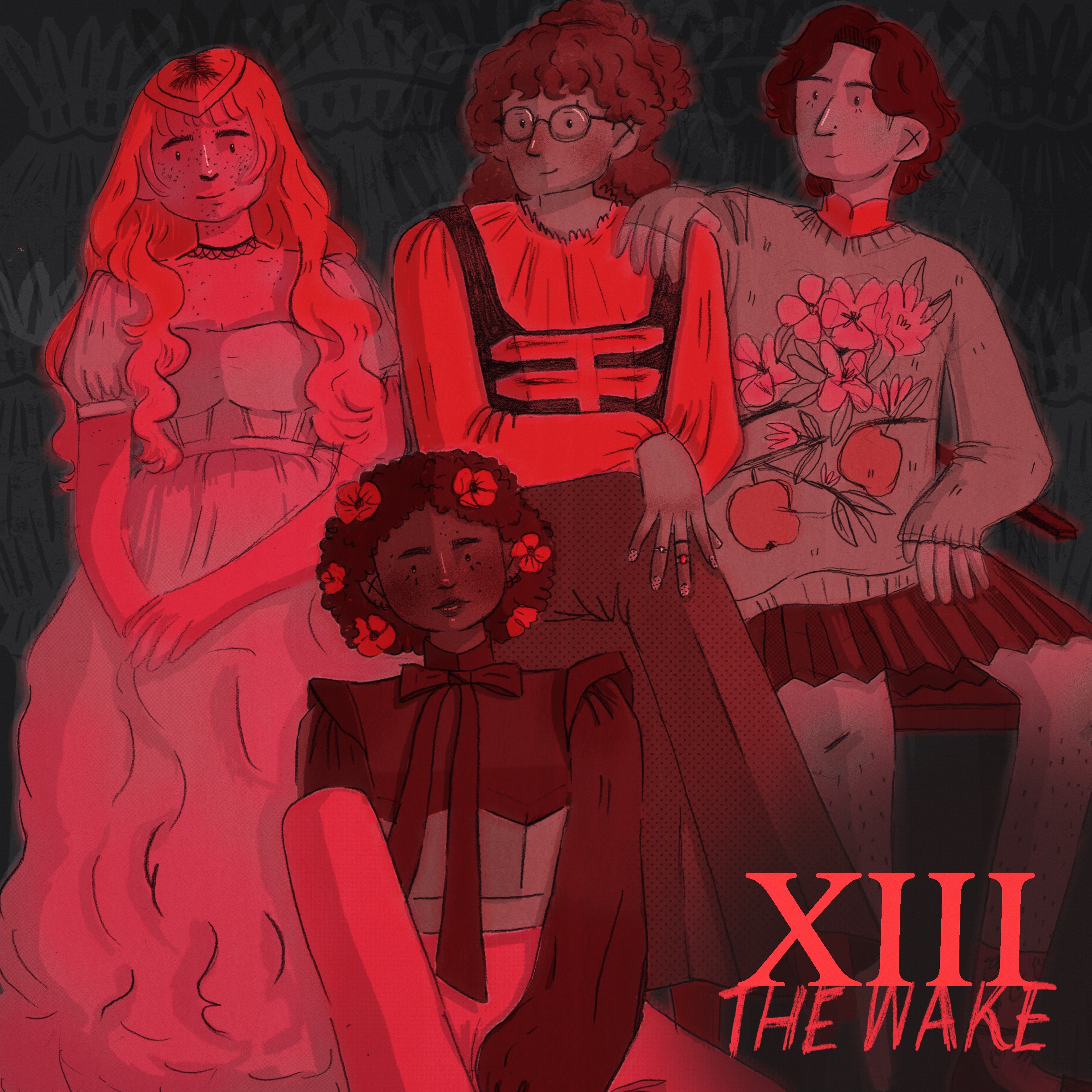 BA Illustration work: an album cover design depicting 4 illustrated characters wearing fancy clothes. The image is red and black toned. Image on the text reads 'XIII' and 'The Wake'.