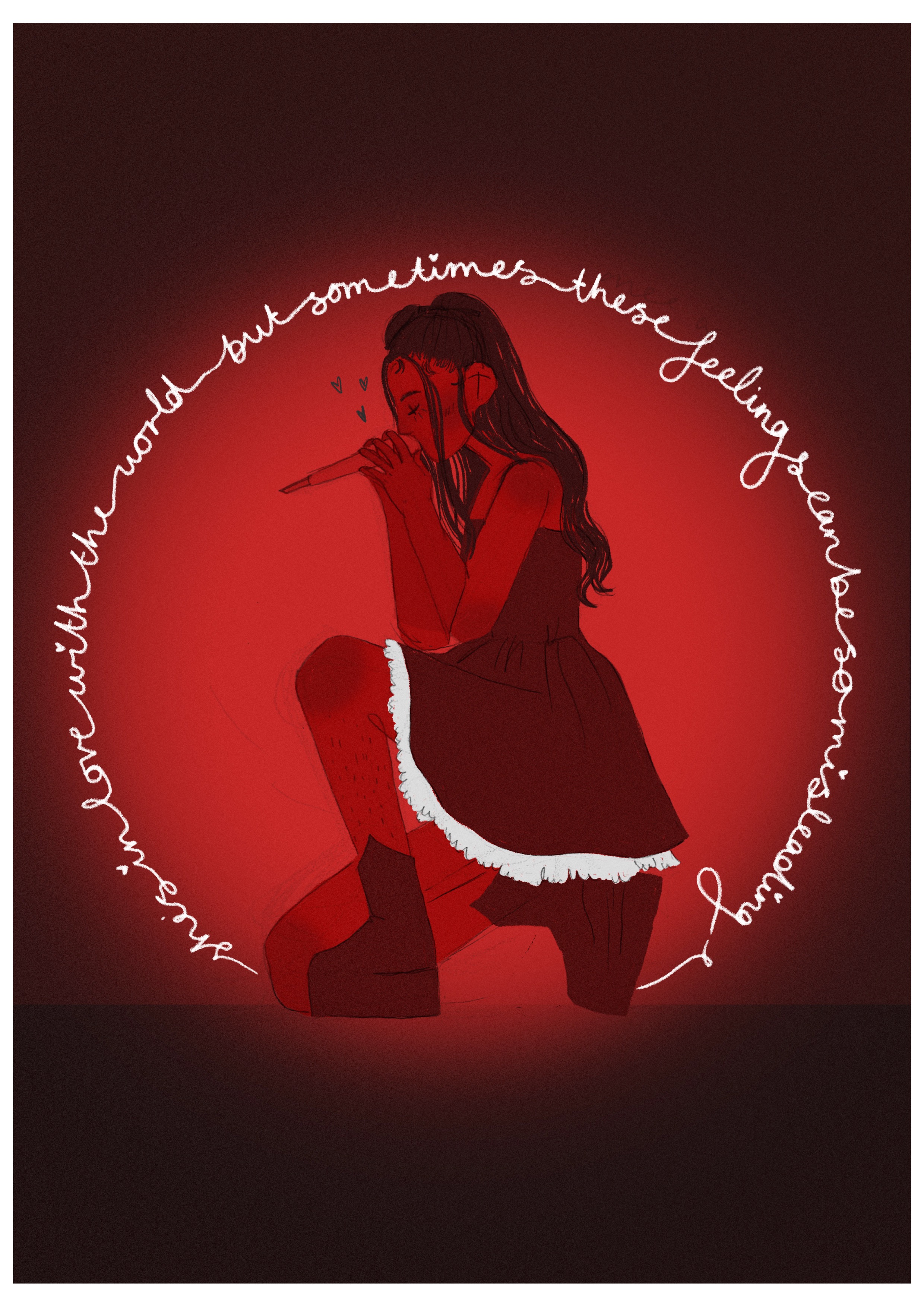 BA Illustration work: a graphic novel page depicting one of the main characters performing, kneeling down on stage singing. The image is red and black toned.