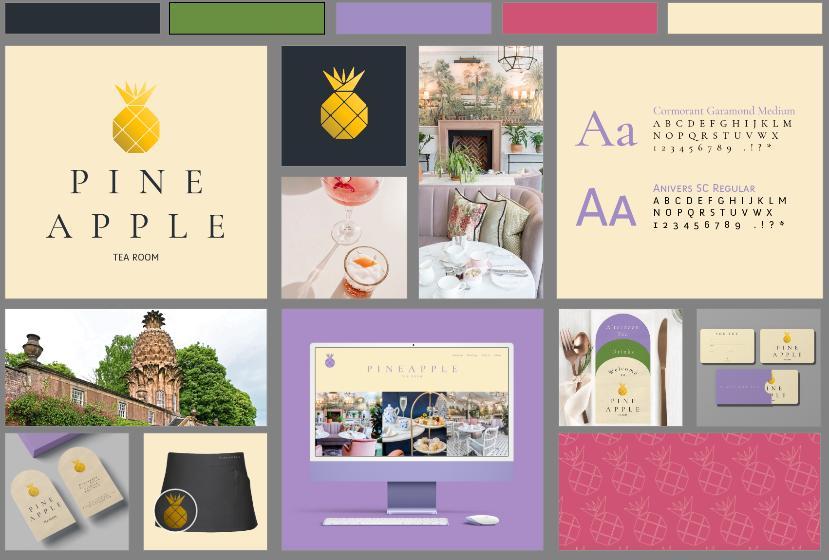 Brand identity by Amelia Slade, Graphic communications. Showing an identity for a pineapple themed tearoom.