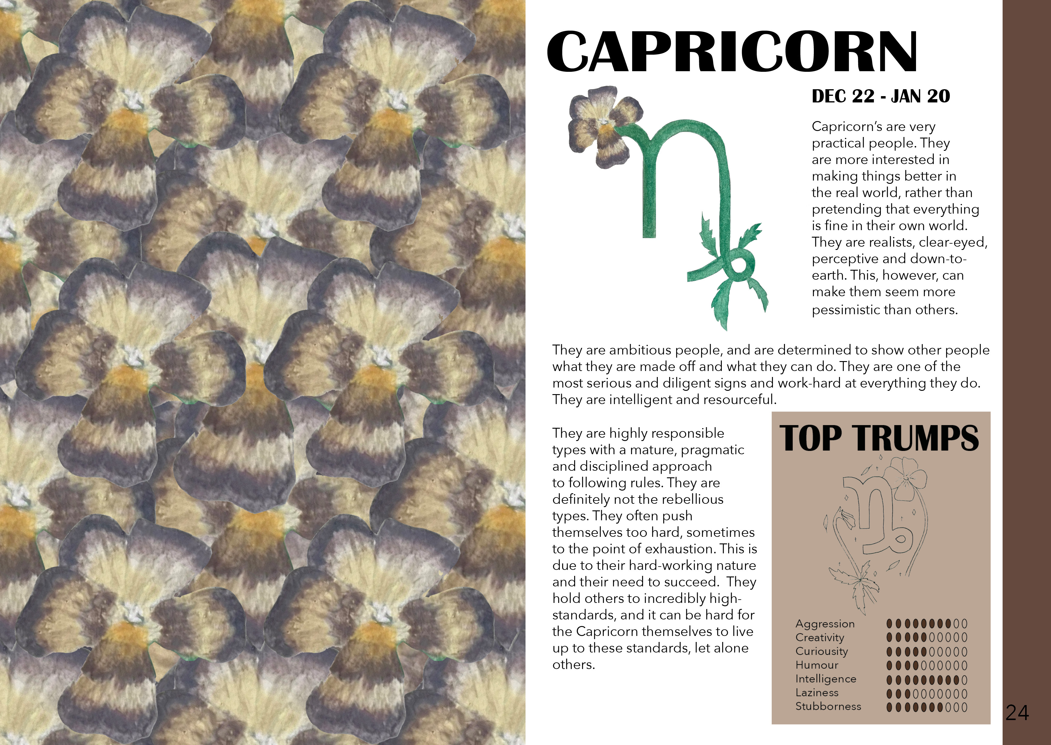 BA Illustration work by Amelia Spalding showing information about the zodiac sign, Capricorn, with a repeat pattern of the sign.