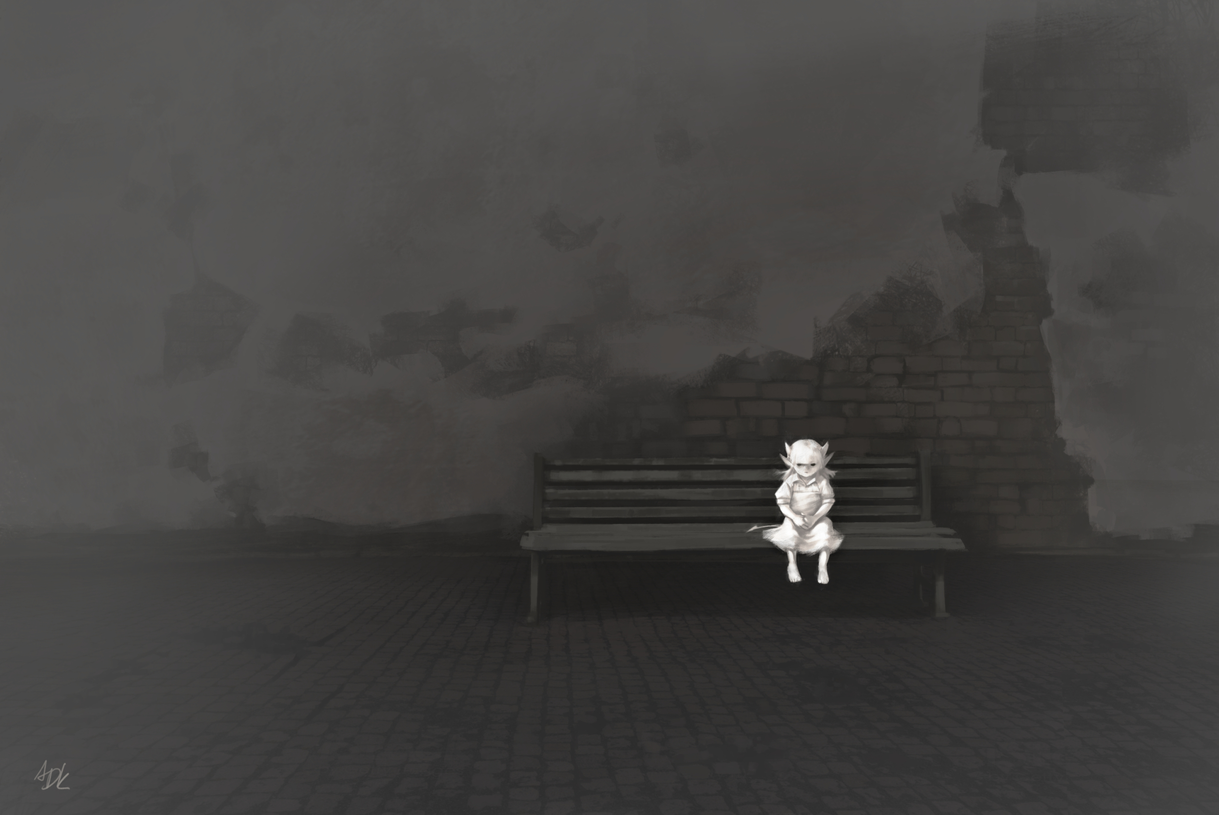 BA Games Art work by Anna Kissh depicting a white, ghost-like creature in a dark environment.