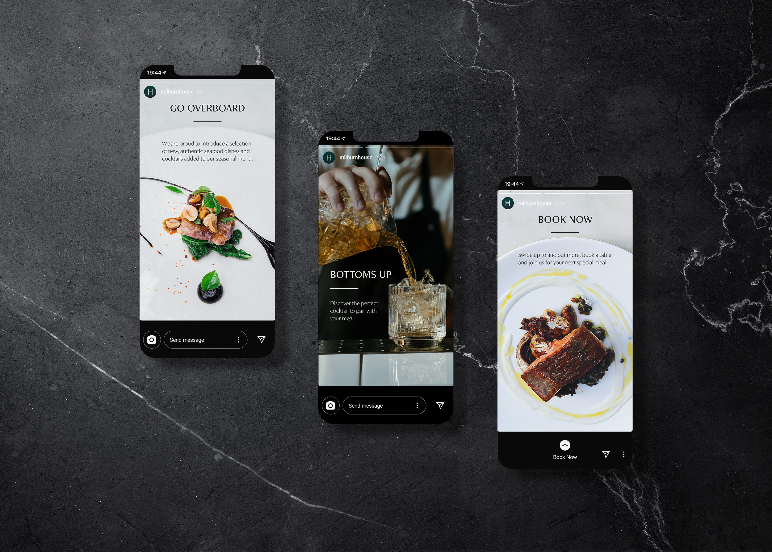 BA Graphic Communication work by Anna Taganova showing a set of three Instagram stories for the Milburn House restaurant identity.