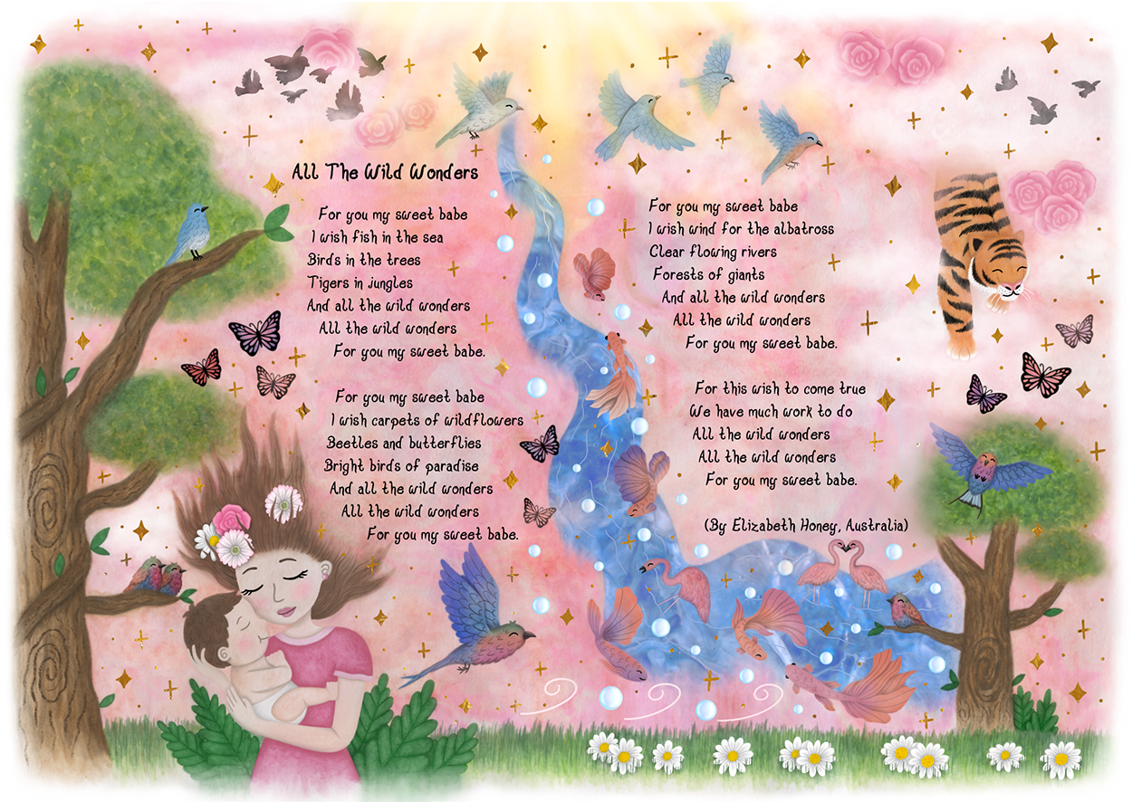 A whimsical scene of a mother holding a baby in arms, next to a tree, backdropped by a pale pinky sky. Around the text on the page, birds and butterflies swarm up into the air. On the far right, from the sky, a small tiger is reaching down towards a treetop.