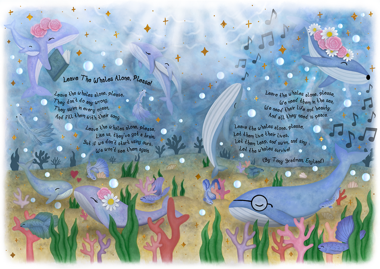Whimsical illustration for a poem titled 'Leave the Whales Alone, Please!'. An under the sea scene with an abundance of whales swimming as families, around the text of the poem and coral on the seabed