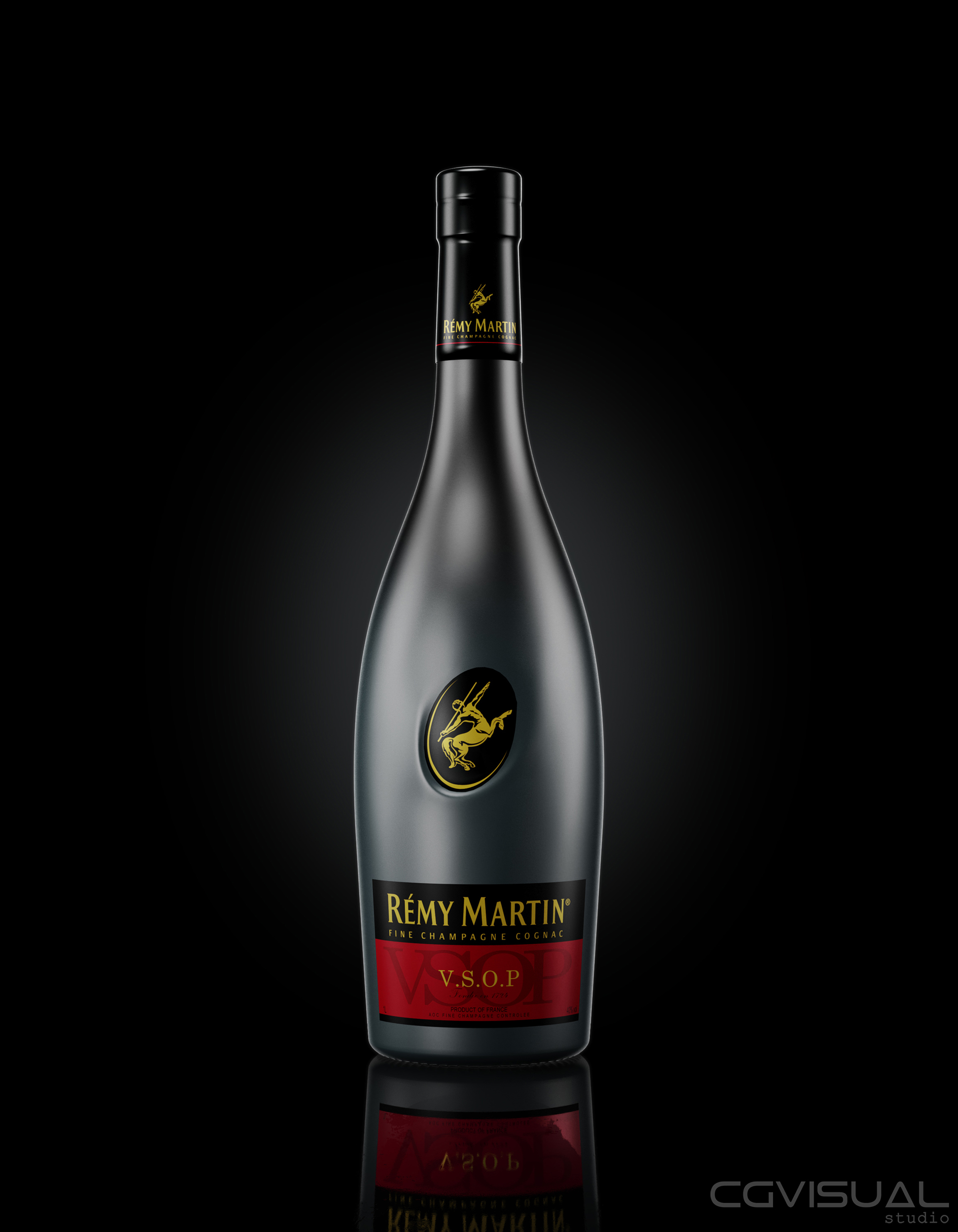 3D product visualisation of a Remy Martin bottle.