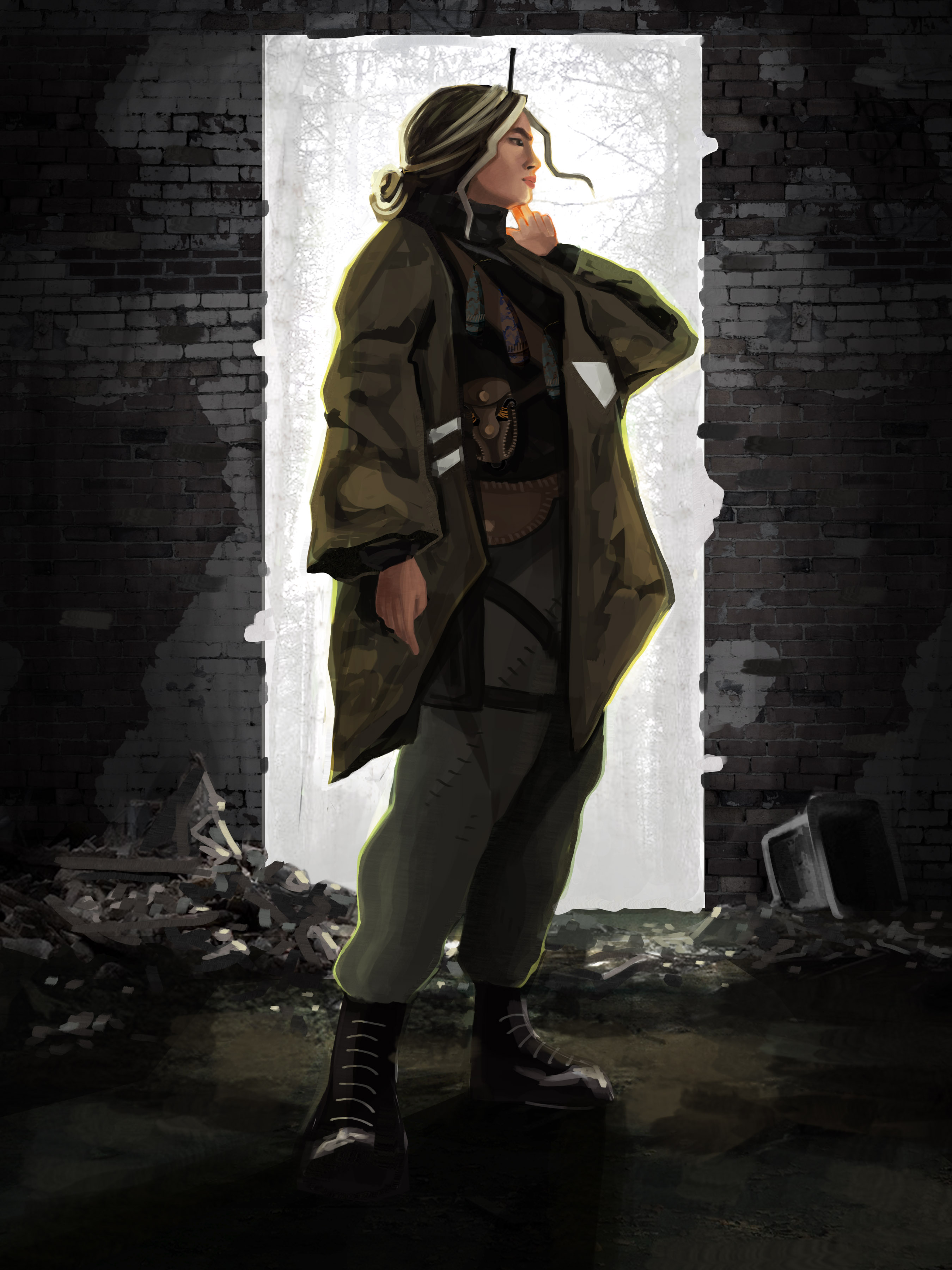 BA Games art character concept by Athina Giannoulatos showing a middle aged military engineer stood in a bright doorway inside a rubble filled brick room.