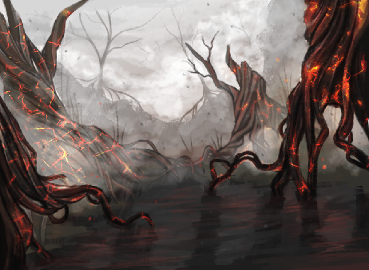 BA Games art by Athina Giannoulatos depicting a scorched swamp with an oily black river running through the middle.