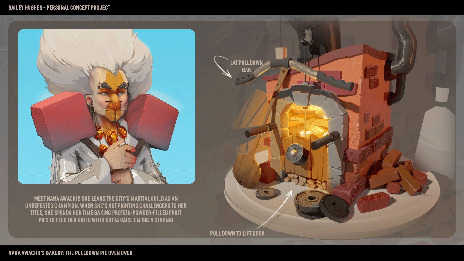 An old lady is displayed, with wild large white hair, a streak painted down her face, and giant pauldrons shaped like fists on her shoulders. Beside her is her Oven, which doubles as a Lat-Pulldown Machine!
