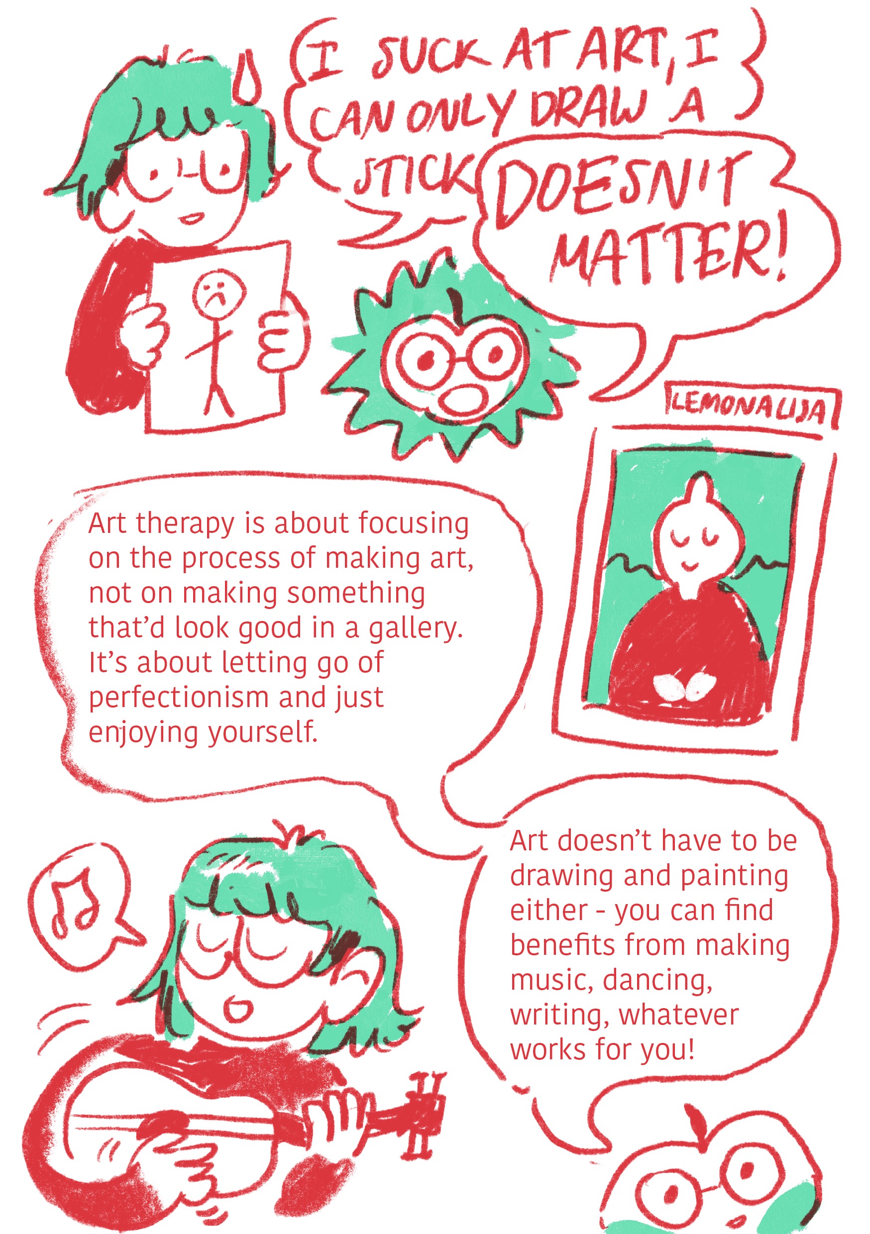 A page from a zine about art therapy by Bethan Jones, describing how one can make art without needing to be 'good' at it, featuring a human character and apple instructor