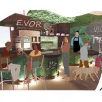 This is a 3D projection render illustrating E.VOR restaurant's inclusive design of E.VOR restaurant's inclusive bar design