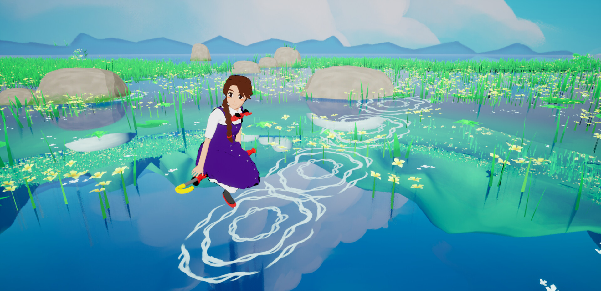 A girl riding an umbrella like a witch over a lake.