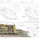 Orthographic drawings of Barcelona Institute of Mycology, including two floor plans and a section.