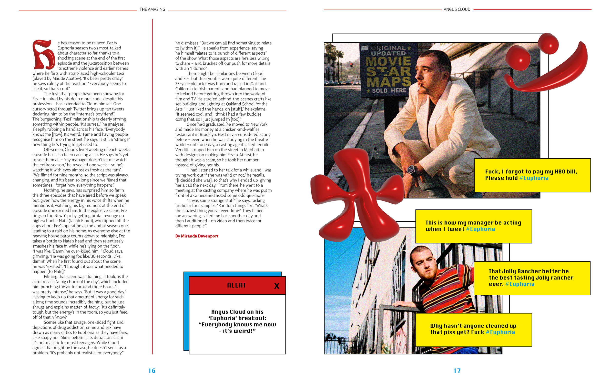 Bright and bold, Double page spread about actor Angus Cloud by Caitlin Jennings, influenced by social media design.