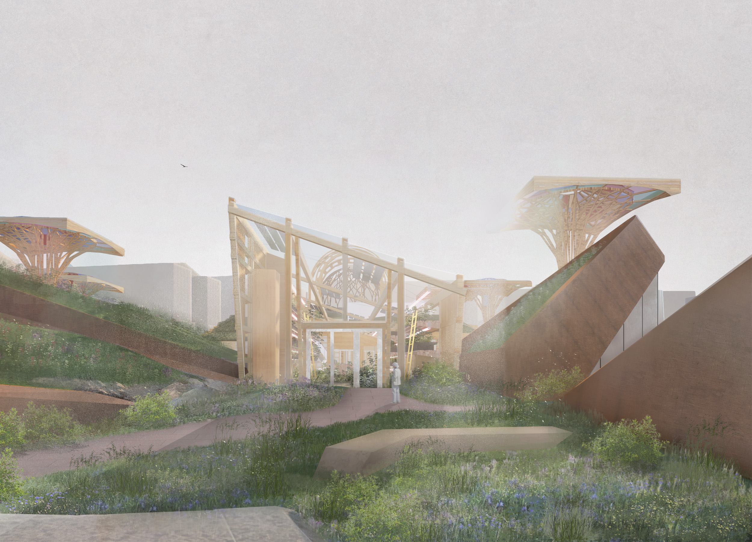 BA Architecture work by Caitlin Meier showing a render of the entrance of a building surrounded by greenery.