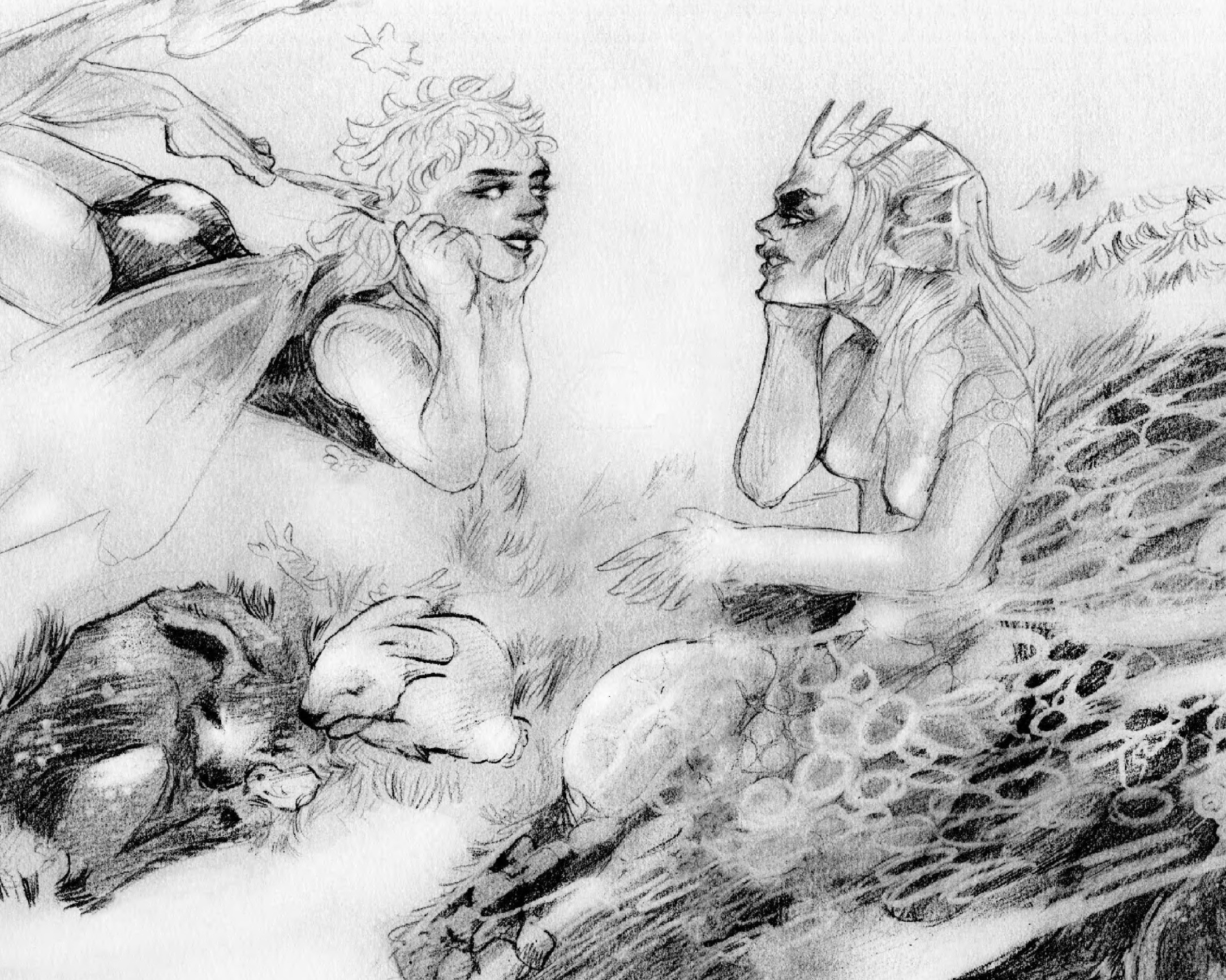 BA Illustration work by Camille Bakal showing a monotone black and white pencil sketch of a faerie and a mermaid gossiping surrounded by nature.