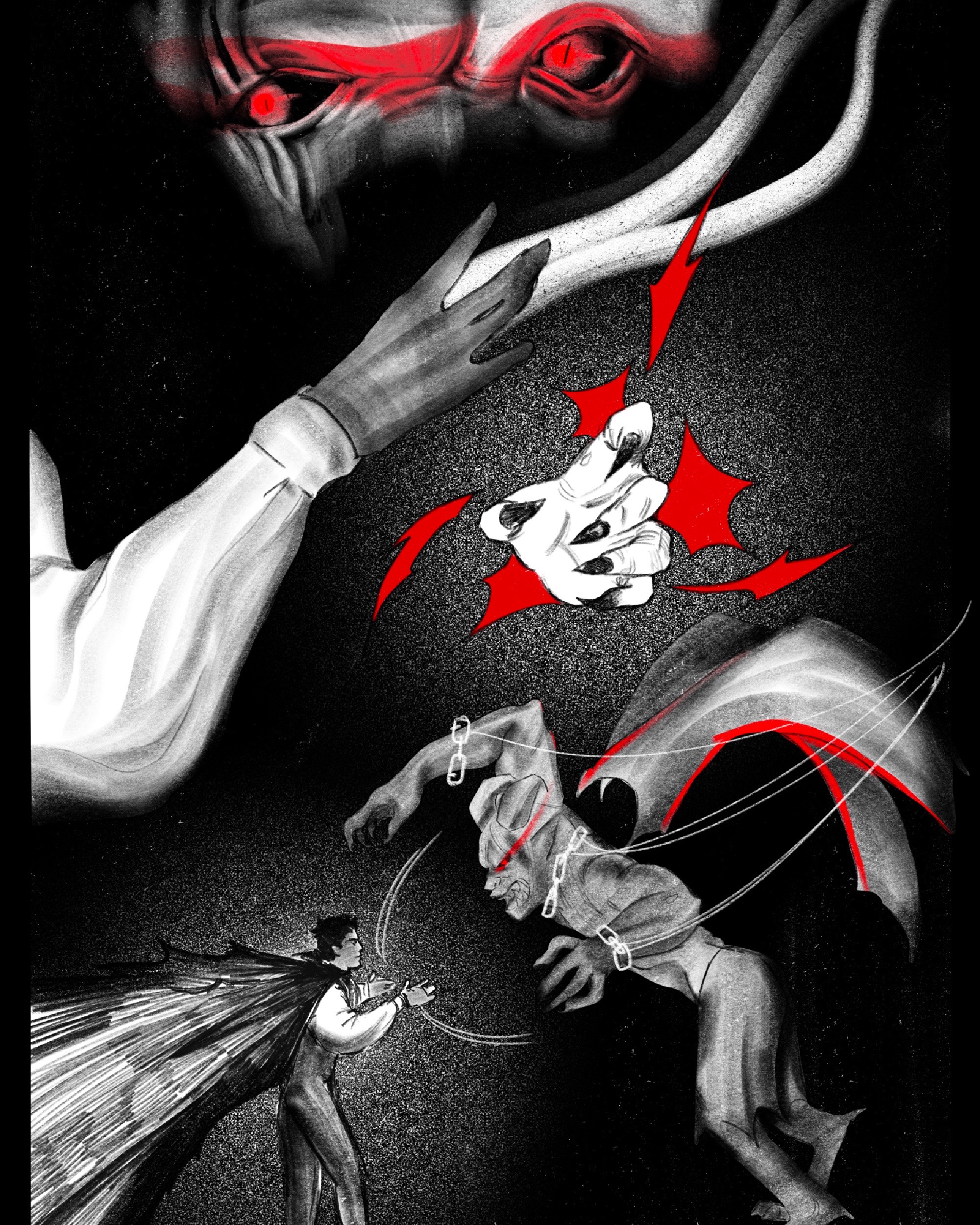 BA Illustration work by Camille Bakal, depicting a busy comic page in black white and red, with two character using magic to fight.