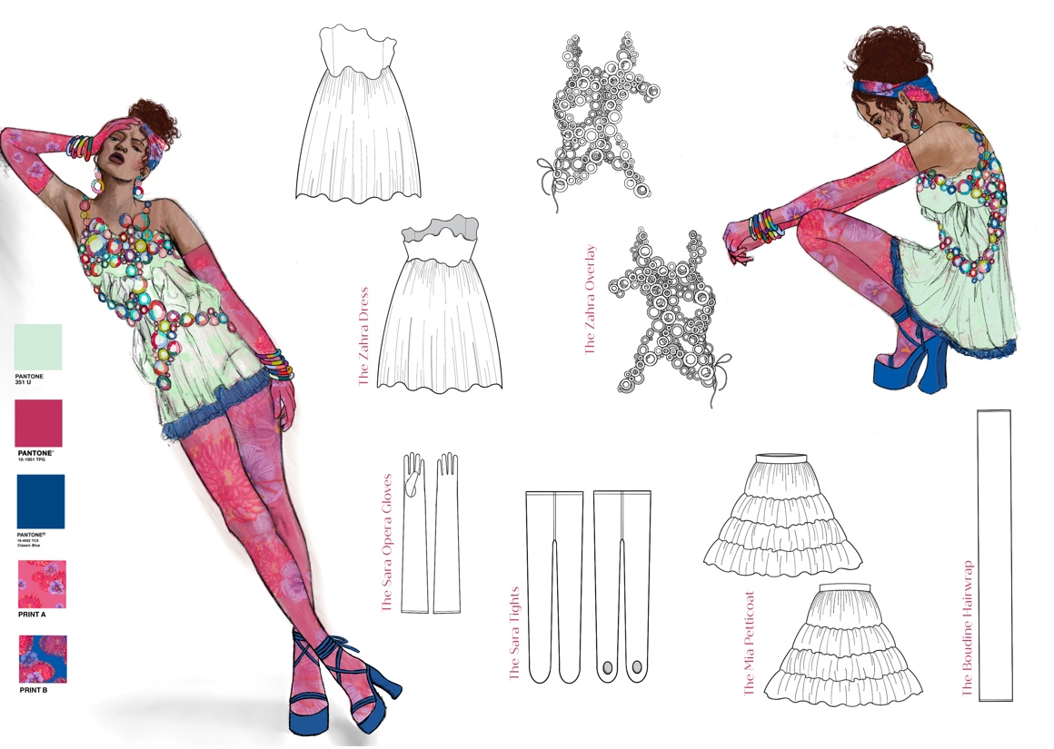 BA Fashion work by Cassidy El-Fazazi showing illustration and technical drawings for look 1 designed for graduate collection: Coalesce.