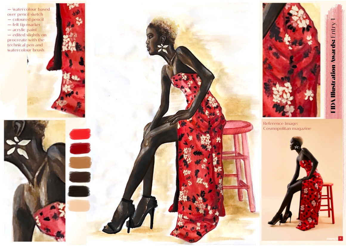 BA Fashion work by Cassidy El-Fazazi showing illustration entry and the breakdown of the piece, media, and reference image for the 5th FIDA Awards.