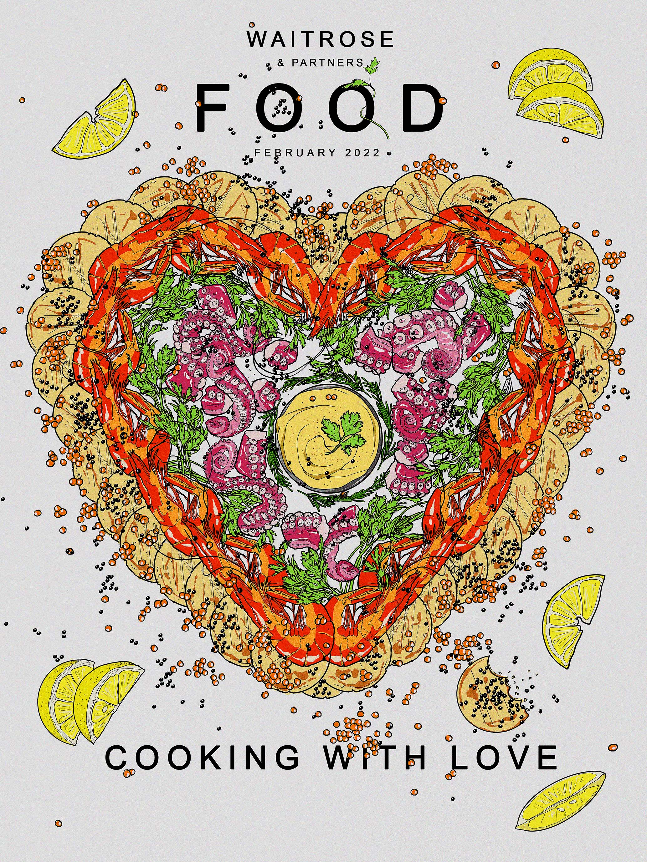 BA Illustration Art work by Catherine Perkins showing a speculative front cover illustration for Waitrose and Partners. Different types and colours of food are arranged into a shape of a love heart