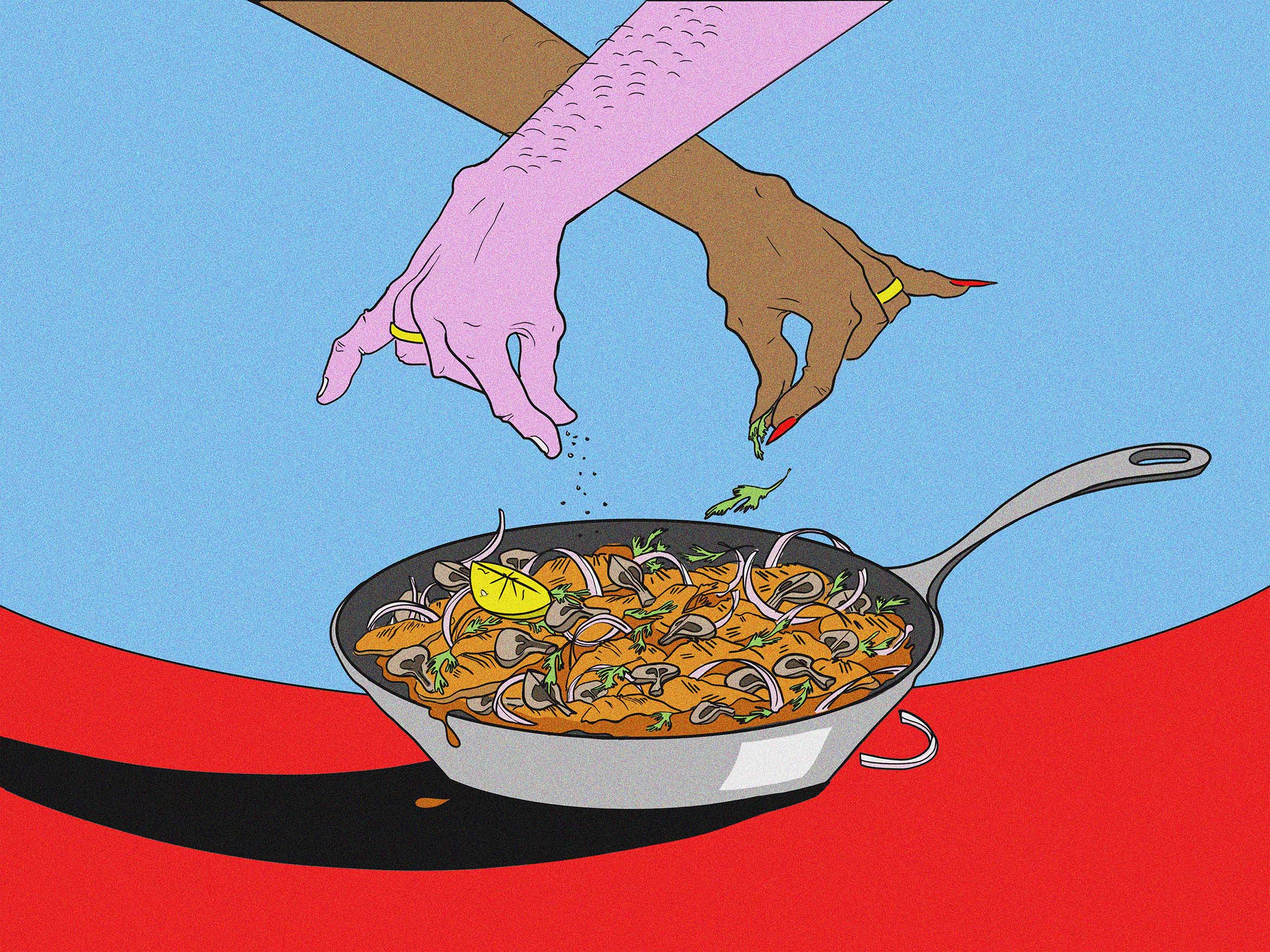BA Illustration Art work by Catherine Perkins showing a speculative illustration for an article that narrates the importance of cooking together in a relationship. Two people's hands cross over each other, sprinkling seasoning into a frying pan of food